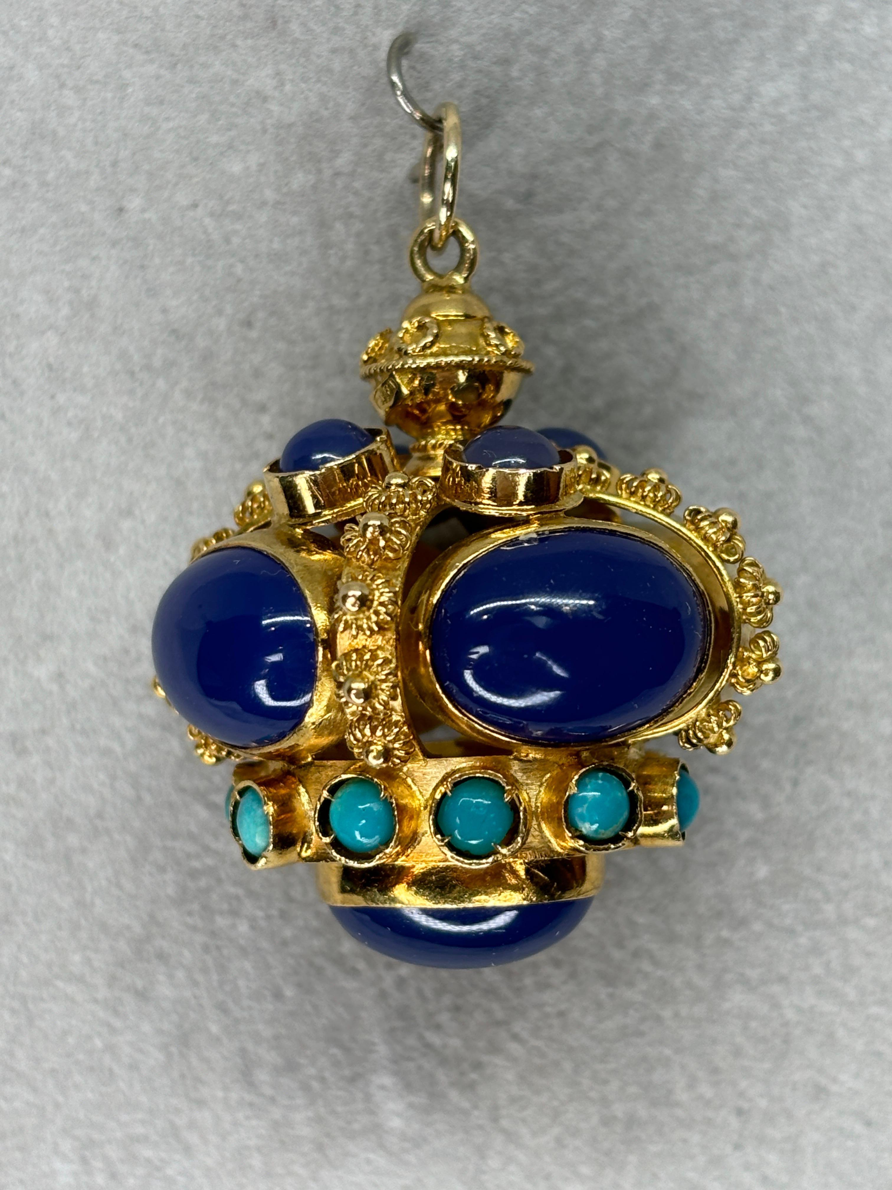 Etruscan Revival Styled 18k Blue Chalcedony Turquoise Watch Fob/Pendant For Sale 1