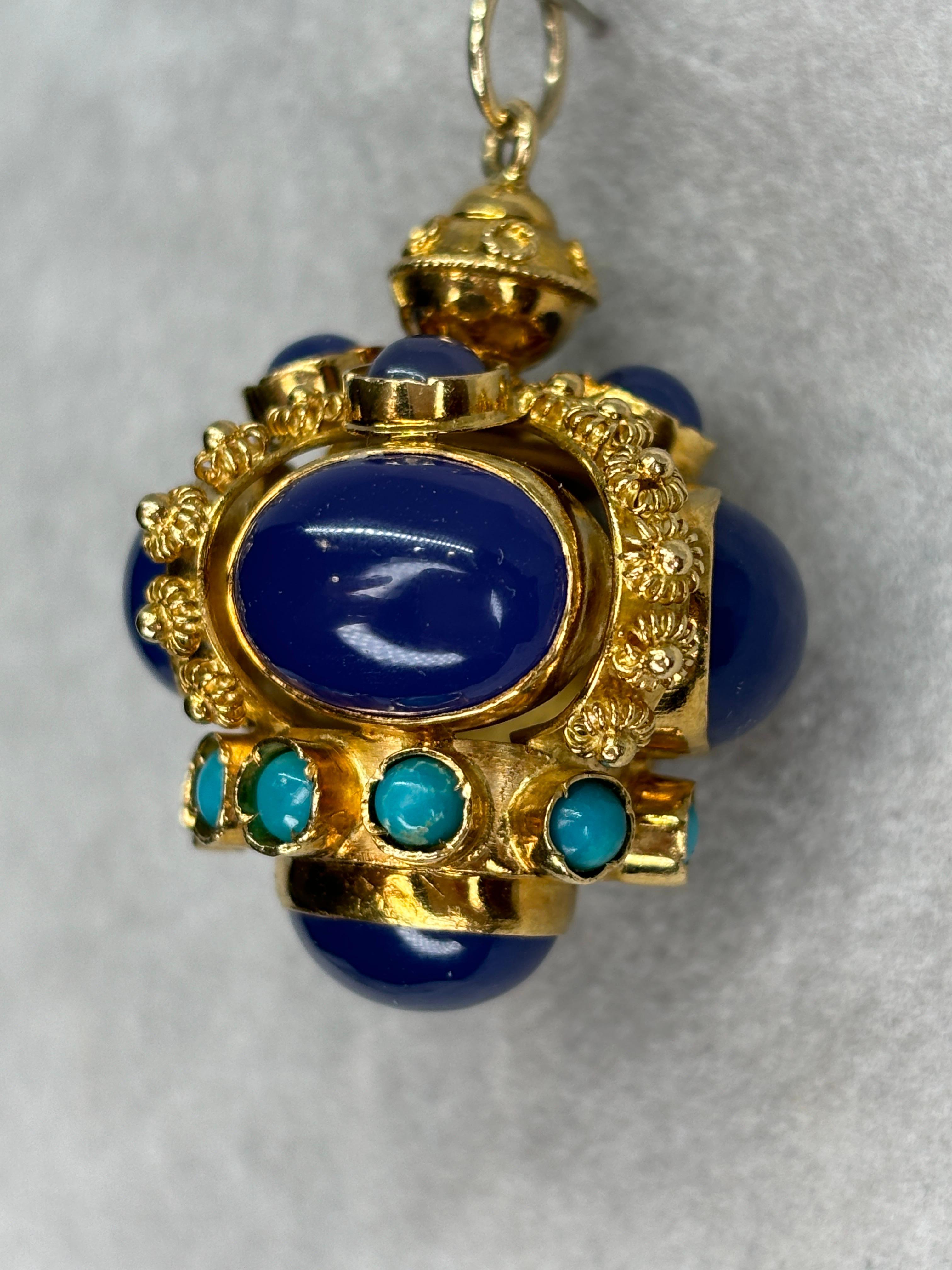 Etruscan Revival Styled 18k Blue Chalcedony Turquoise Watch Fob/Pendant For Sale 2
