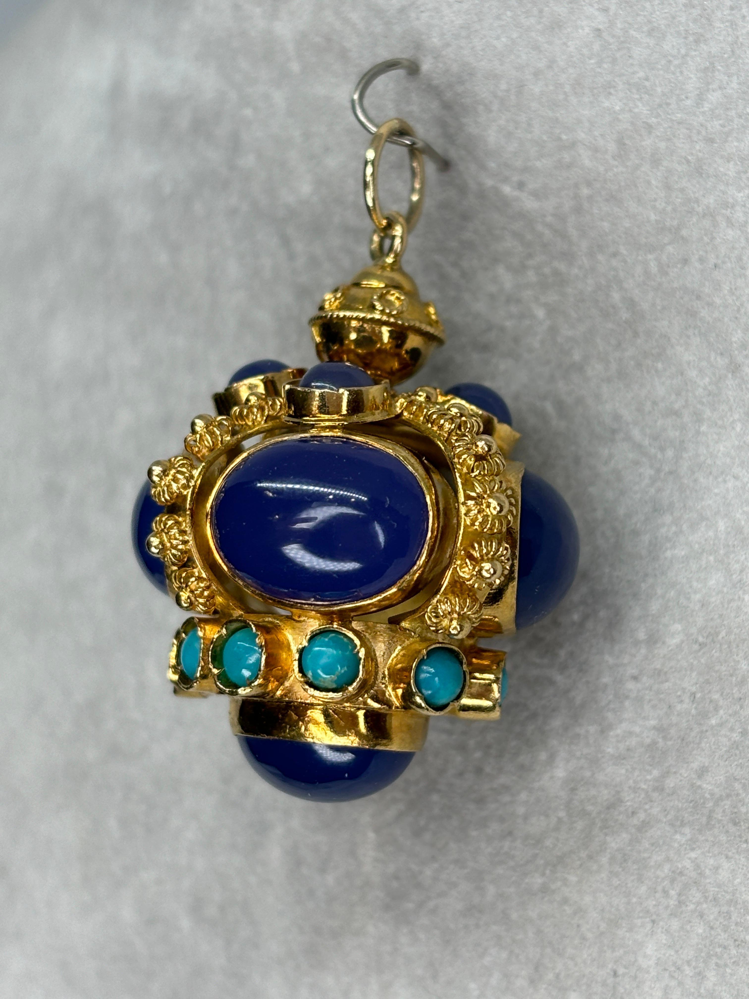 Etruscan Revival Styled 18k Blue Chalcedony Turquoise Watch Fob/Pendant For Sale 3