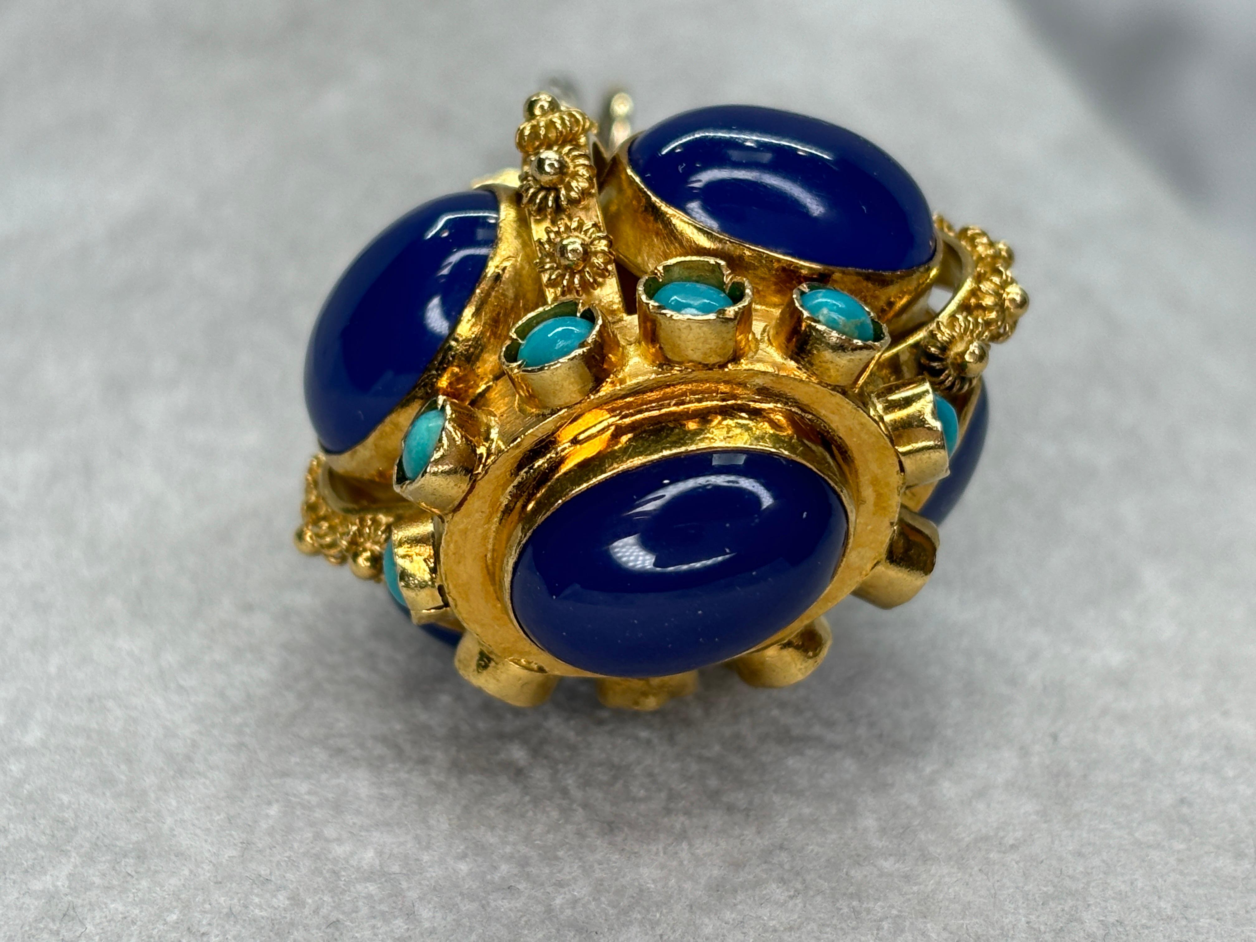 Etruscan Revival Styled 18k Blue Chalcedony Turquoise Watch Fob/Pendant For Sale 4