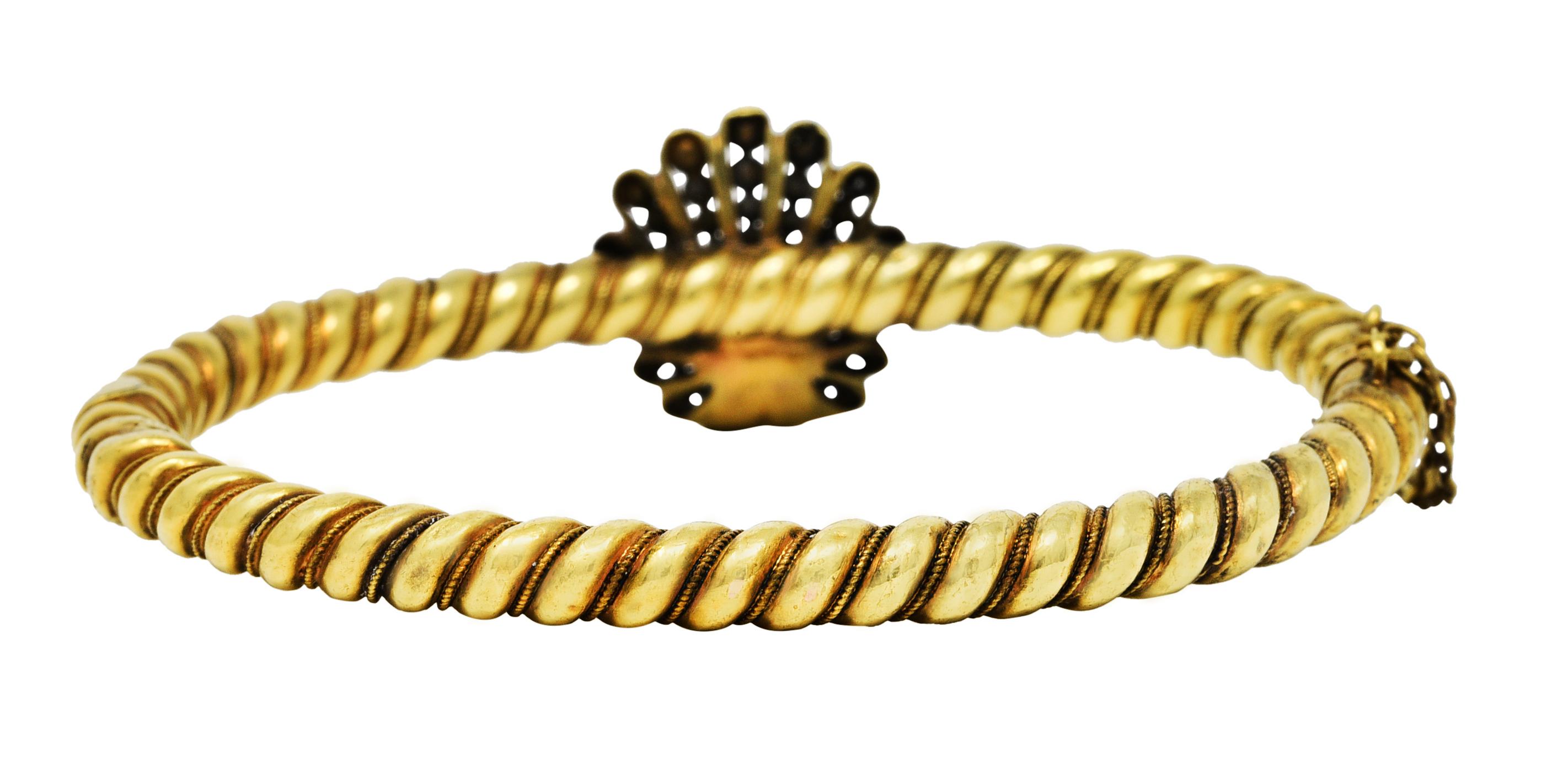 Etruscan Revival Tourmaline Diamond Pearl 18 Karat Gold Shell Bangle Bracelet In Excellent Condition In Philadelphia, PA