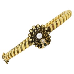 Etruscan Revival Tourmaline Diamond Pearl 18 Karat Gold Shell Bangle Bracelet