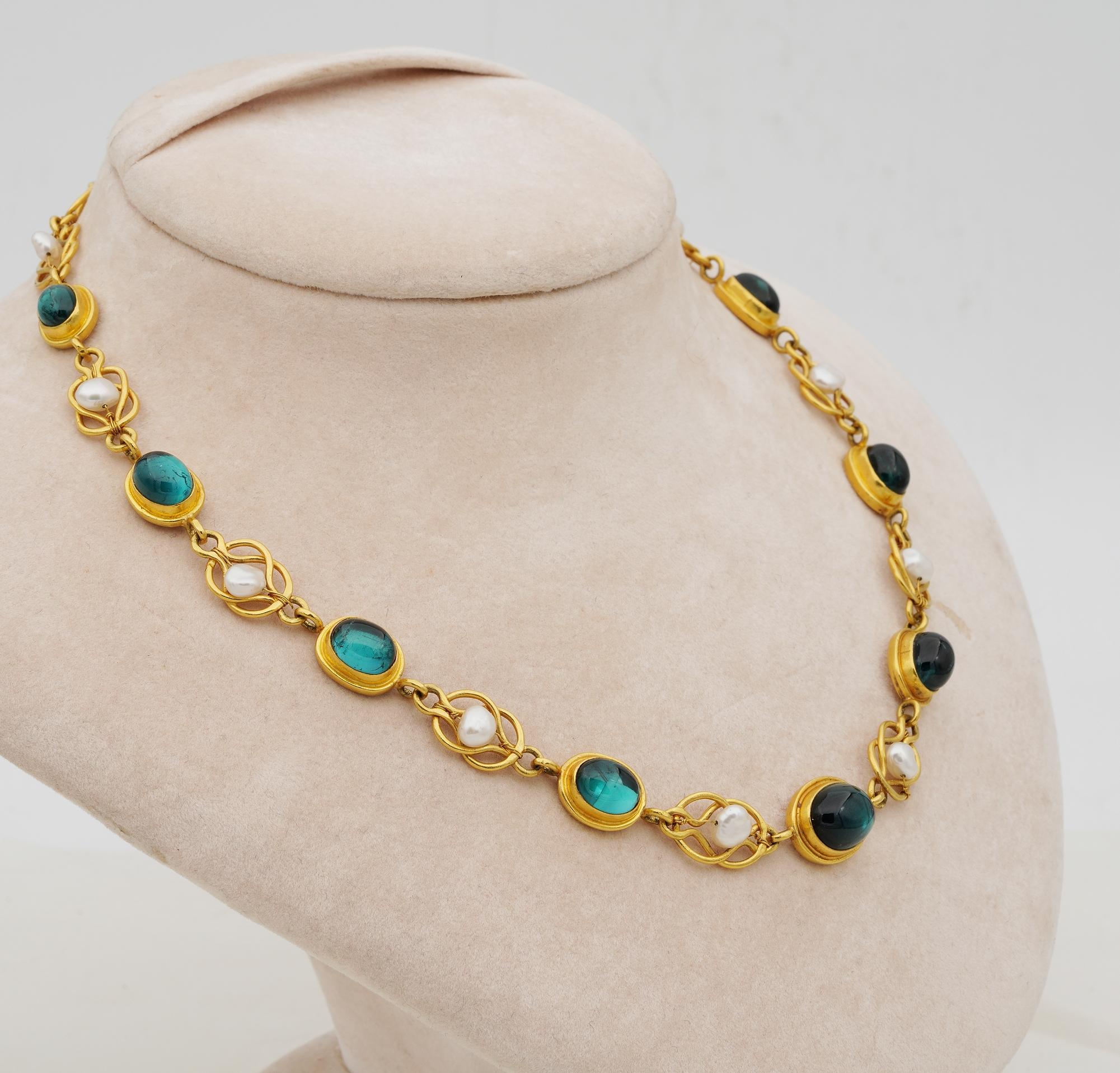 Cabochon Etruscan Revival Tourmaline Pearl Rare Riviere 22 KT Necklace For Sale