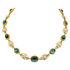 Etruscan Revival Tourmaline Pearl Rare Riviere 22 KT Necklace