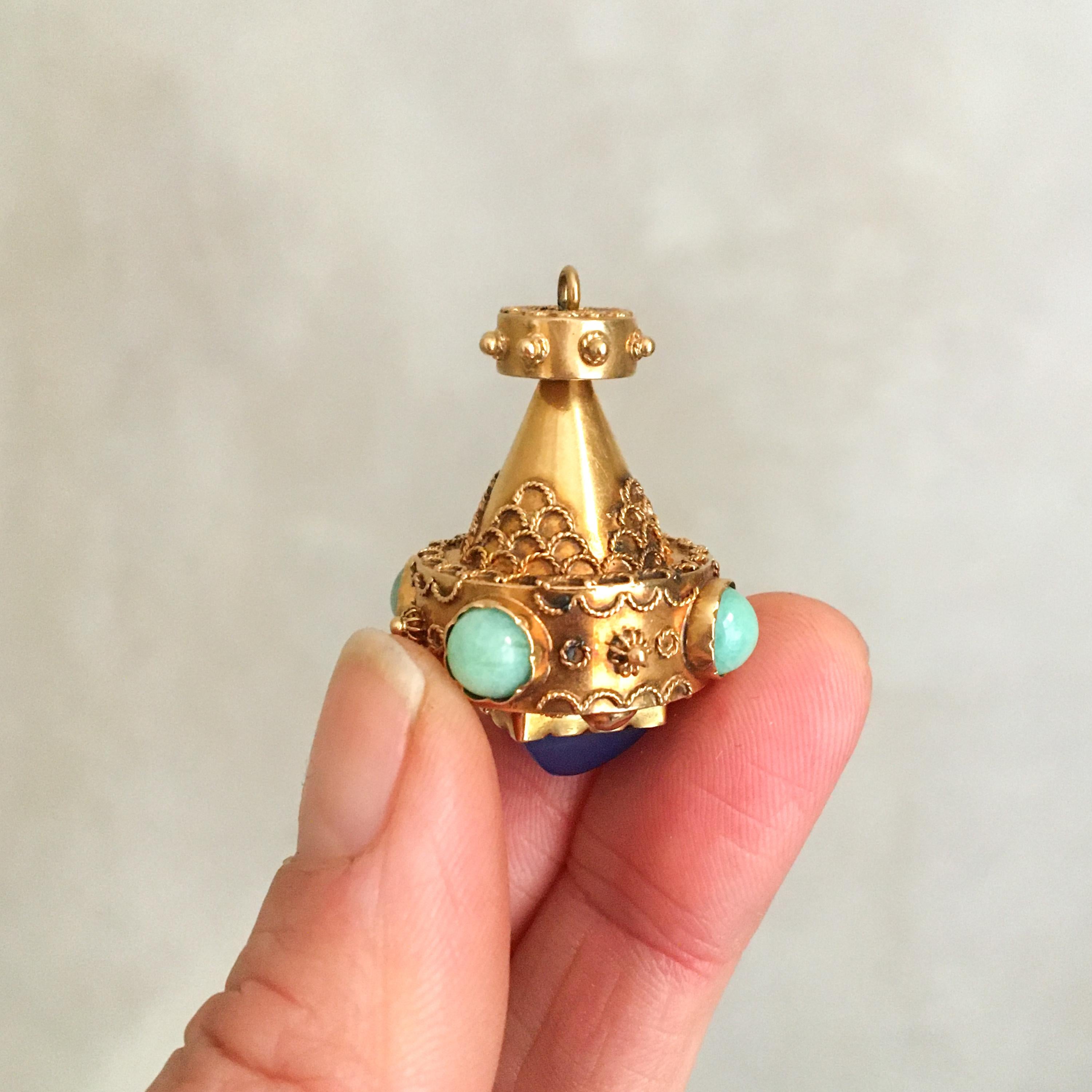 gold turquoise etruscan revival charm
