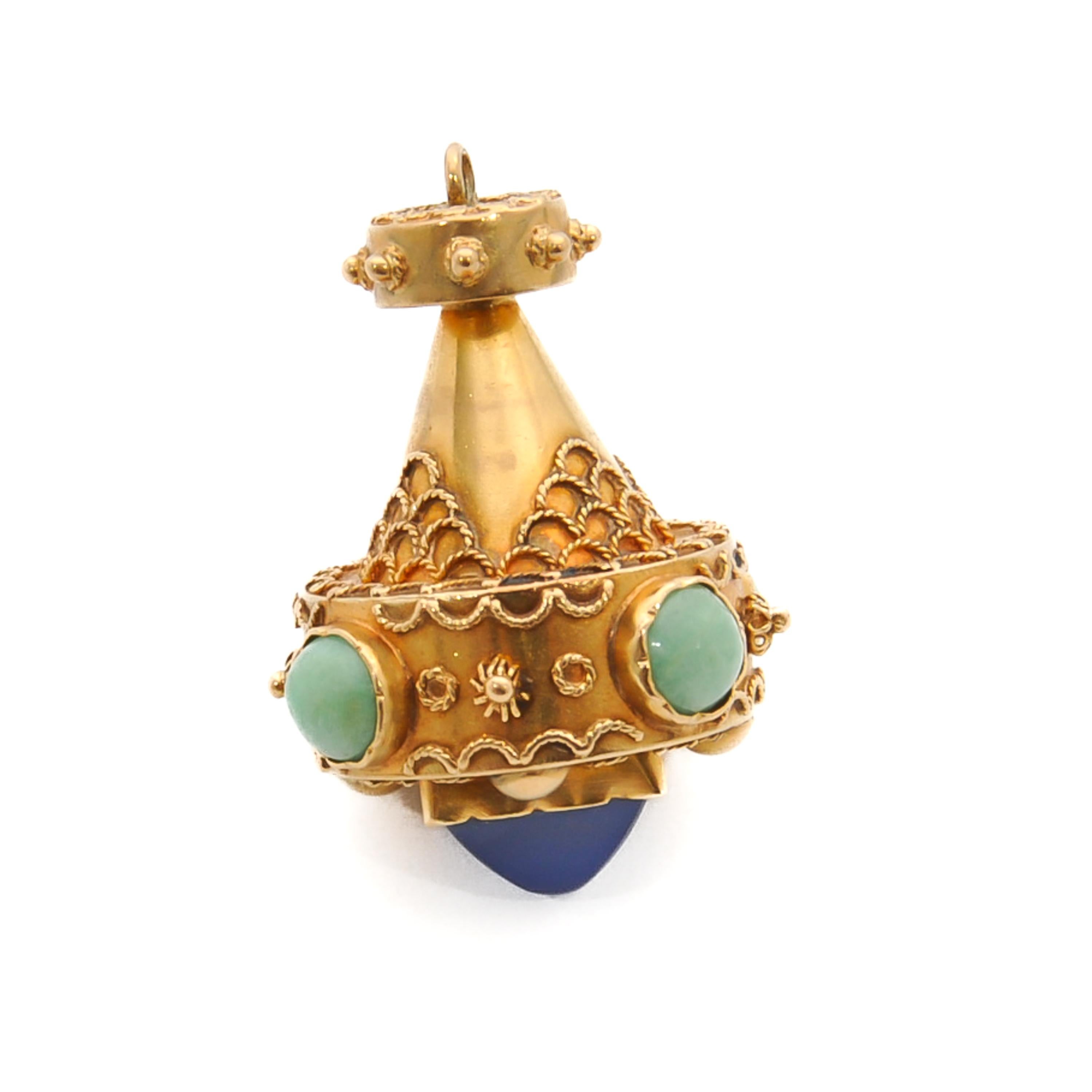 Etruscan Revival Turquoise Blue Chalcedony 18K Gold Fob Charm Pendant In Good Condition In Rotterdam, NL