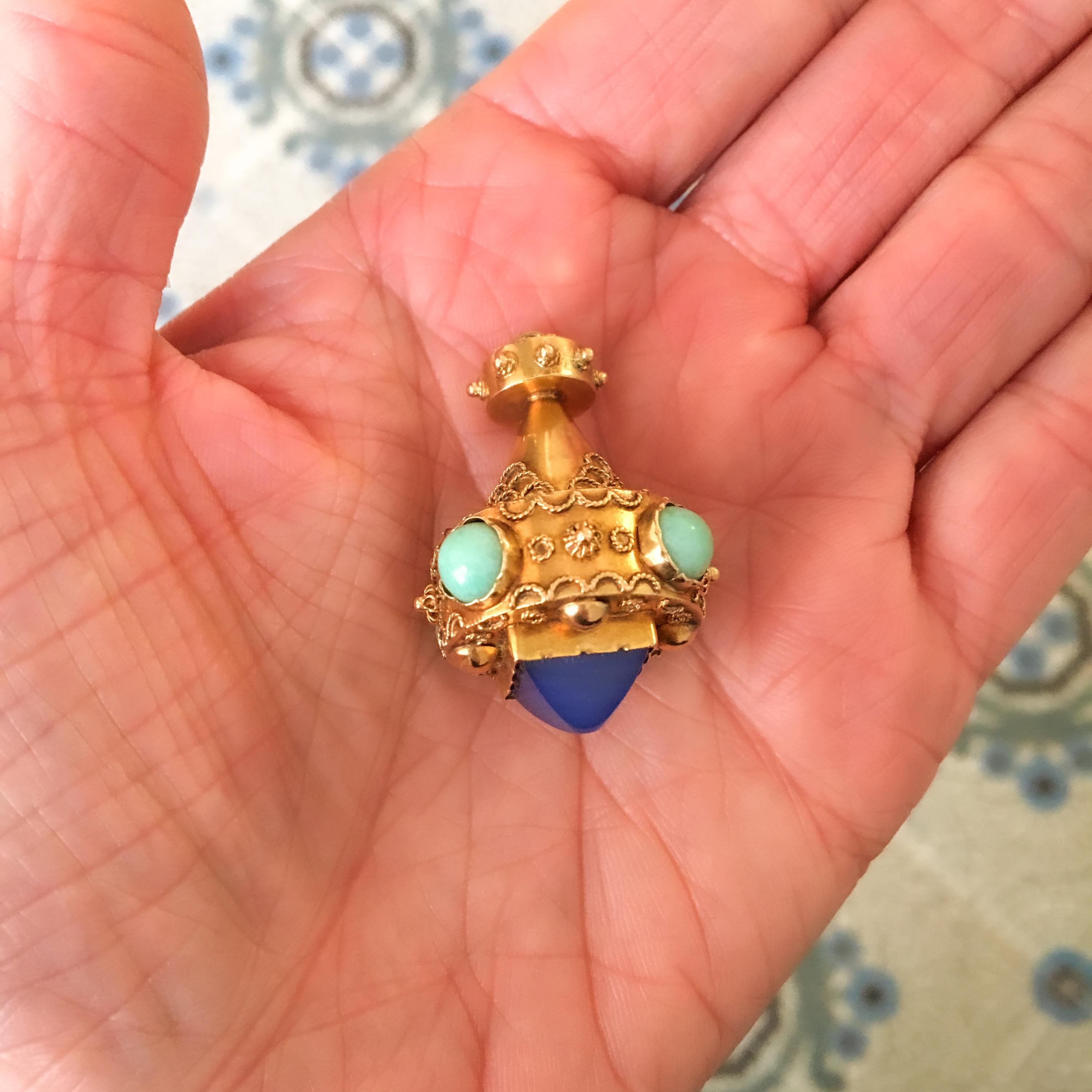 Women's or Men's Etruscan Revival Turquoise Blue Chalcedony 18K Gold Fob Charm Pendant