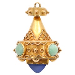 Retro Etruscan Revival Turquoise Blue Chalcedony 18K Gold Fob Charm Pendant