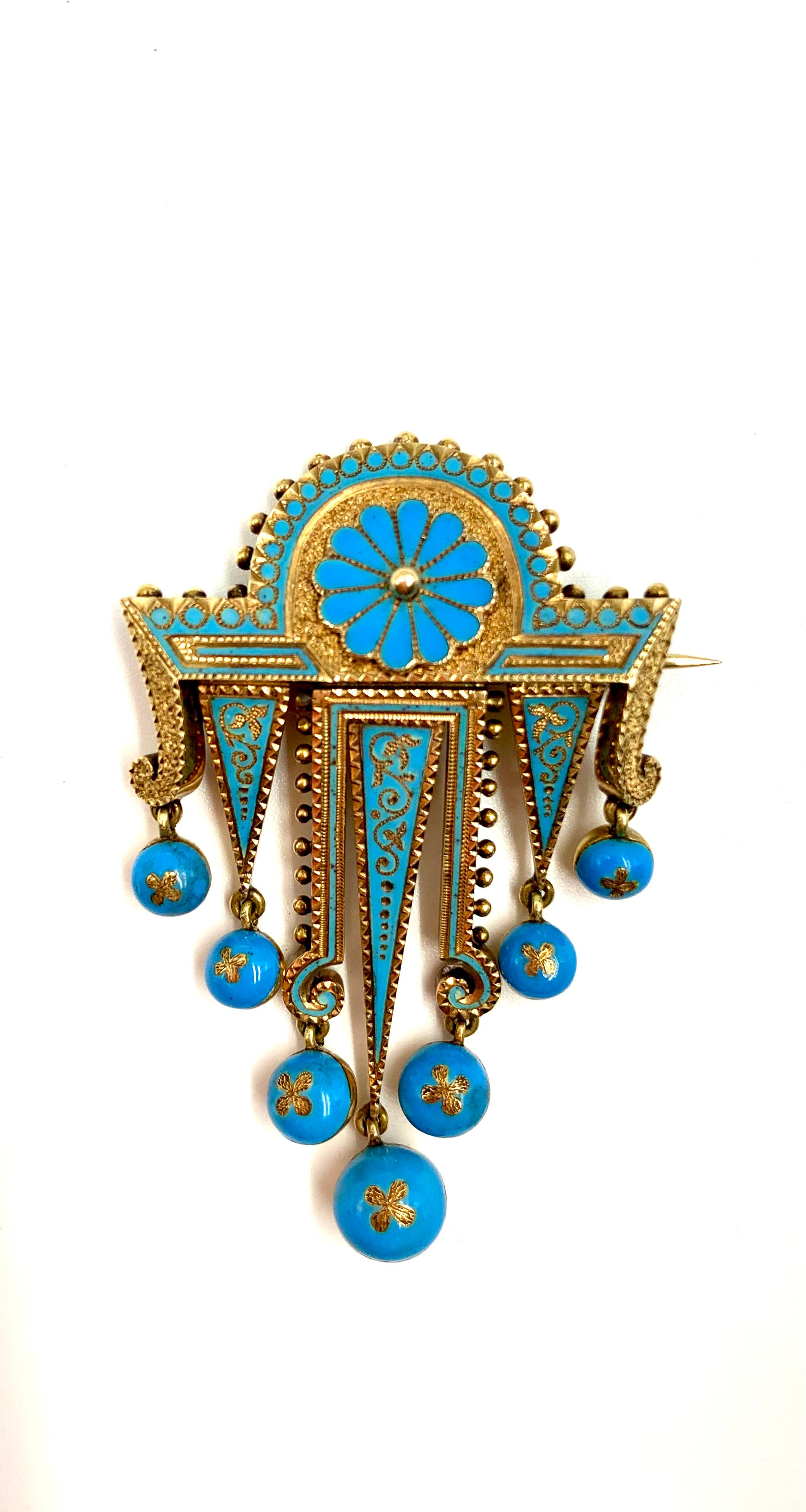 Women's or Men's Etruscan Revival Turquoise Enamel 14K Yellow Gold Earrings and Brooch Parure For Sale