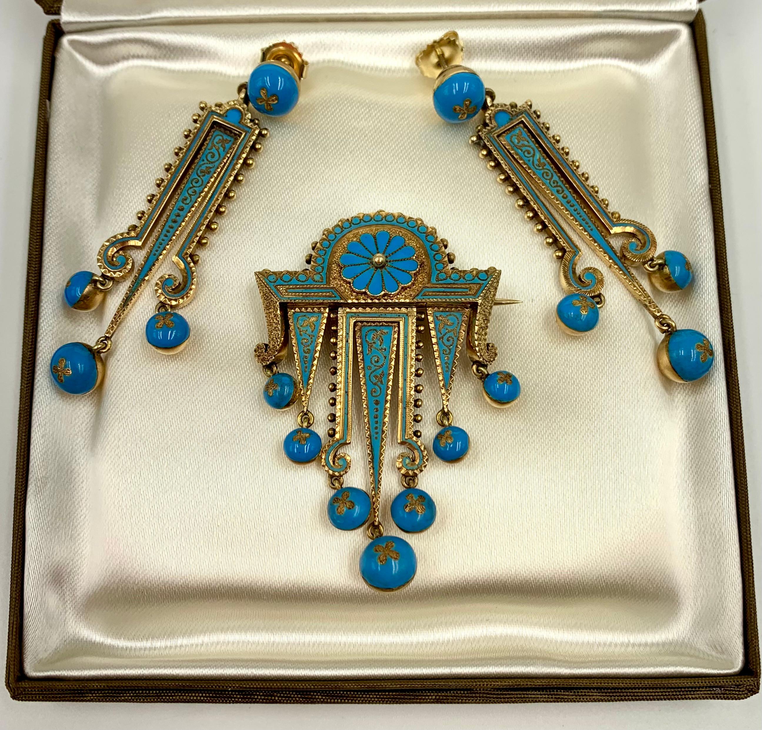 Etruscan Revival Turquoise Enamel 14K Yellow Gold Earrings and Brooch Parure For Sale 3