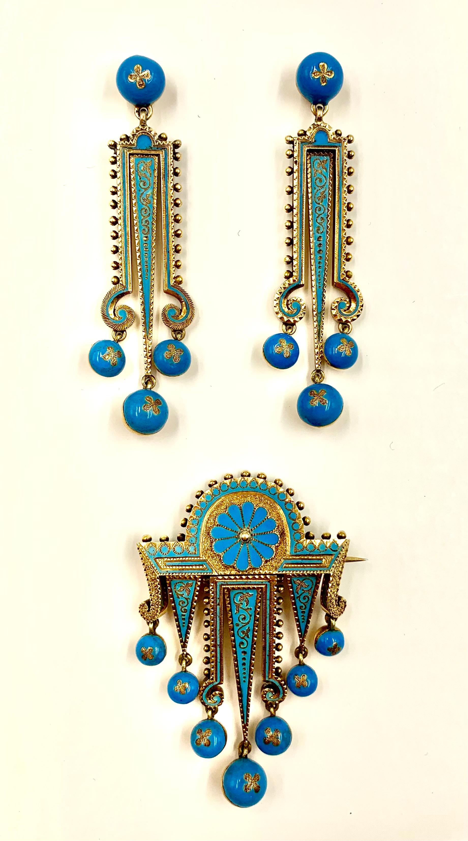 Etruscan Revival Turquoise Enamel 14K Yellow Gold Earrings and Brooch Parure For Sale 4
