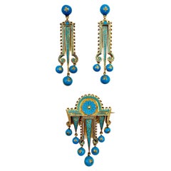 Etruscan Revival Turquoise Enamel 14K Yellow Gold Earrings and Brooch Parure