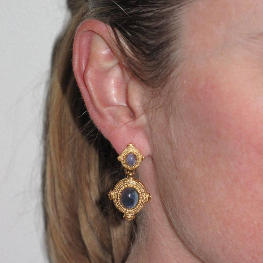 Etruscan Revival Vermeil Blue Crystal Dangle Earrings In New Condition In Poitiers, FR