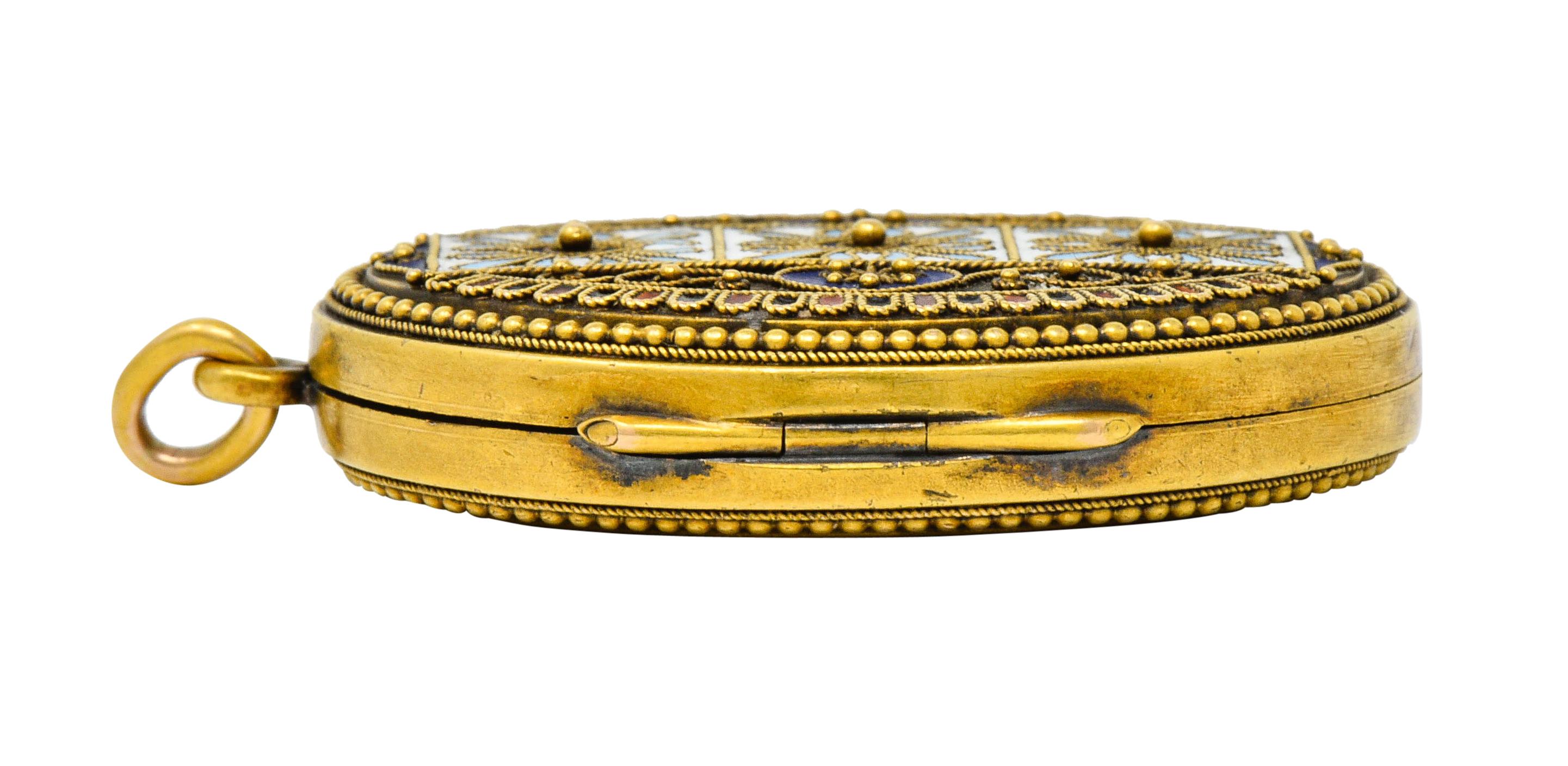 Etruscan Revival Victorian Enamel 14 Karat Gold Beaded Locket, circa 1870 7