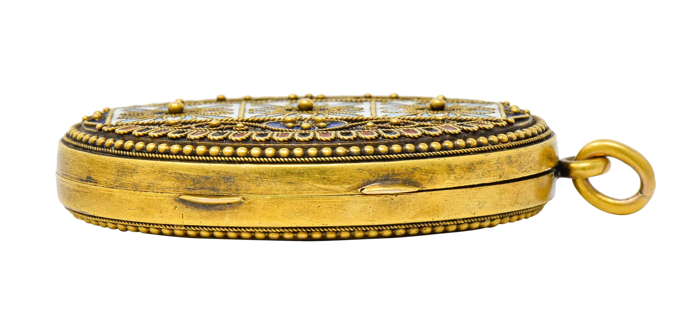 Etruscan Revival Victorian Enamel 14 Karat Gold Beaded Locket, circa 1870 8