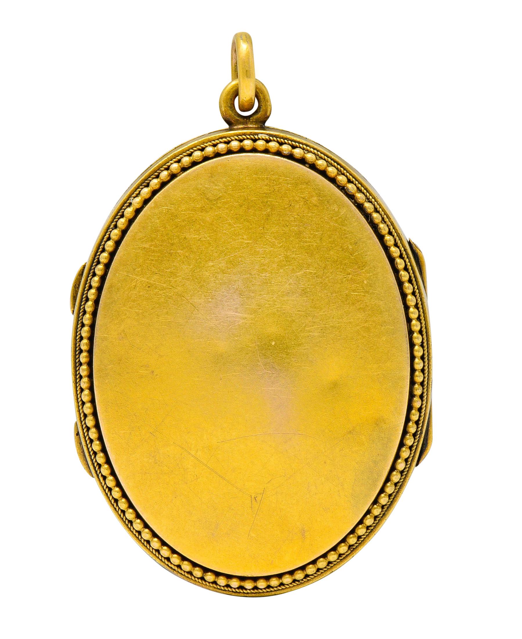 Women's or Men's Etruscan Revival Victorian Enamel 14 Karat Gold Beaded Locket, circa 1870