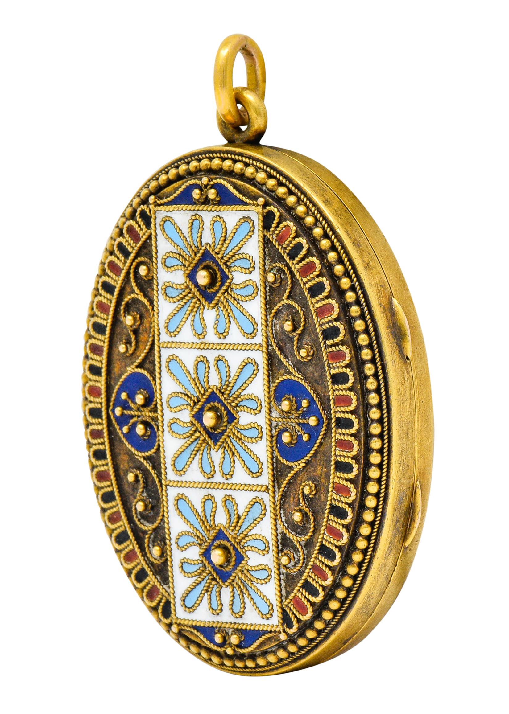 Etruscan Revival Victorian Enamel 14 Karat Gold Beaded Locket, circa 1870 1