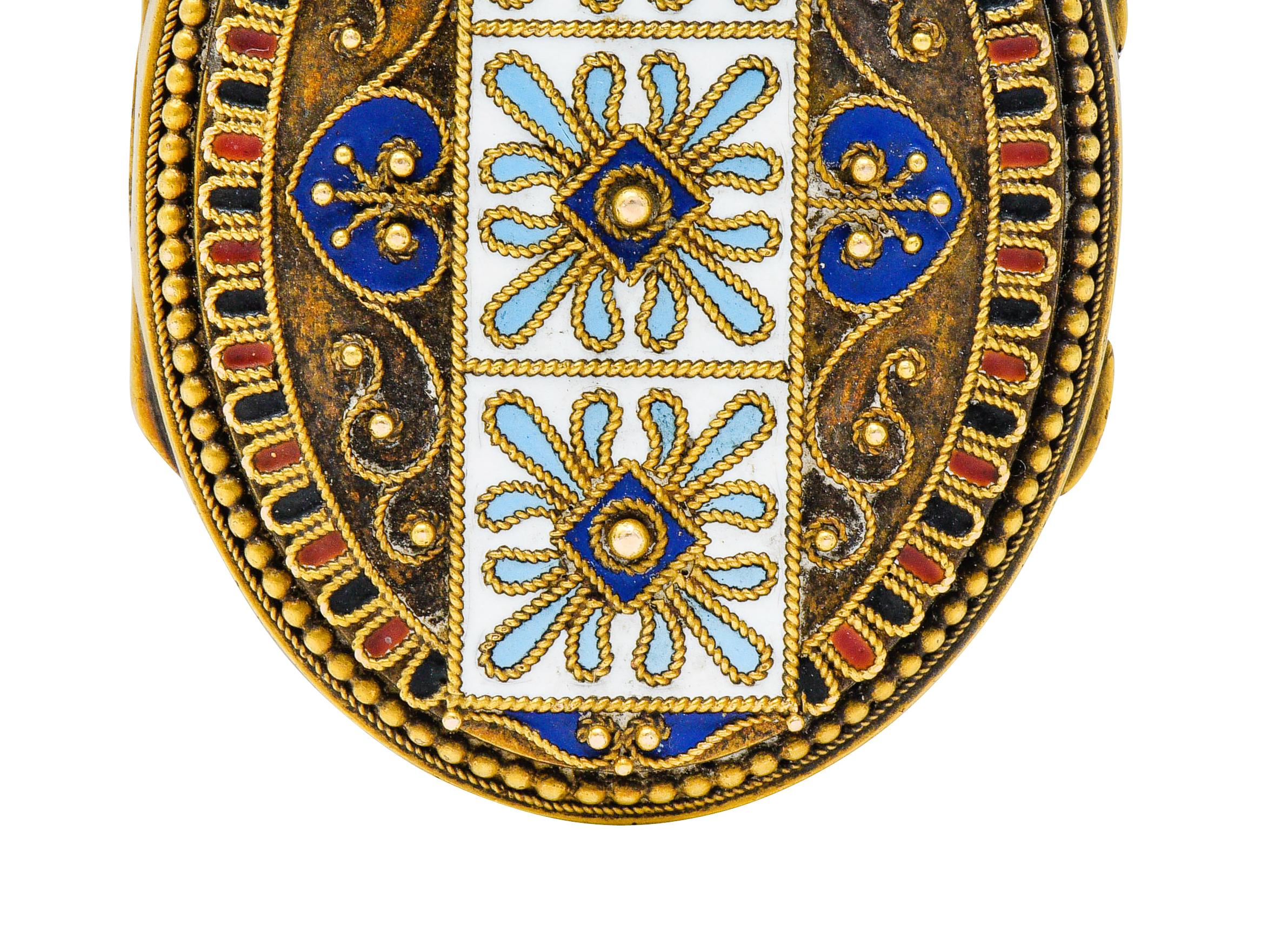 Etruscan Revival Victorian Enamel 14 Karat Gold Beaded Locket, circa 1870 3