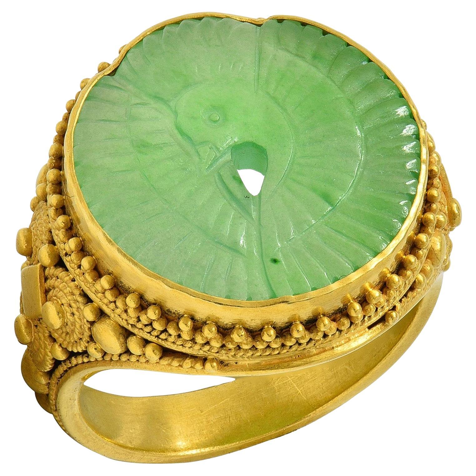 Etruscan Revival Victorian Jade 14K Gold Antique Granulated Crane Signet Ring For Sale