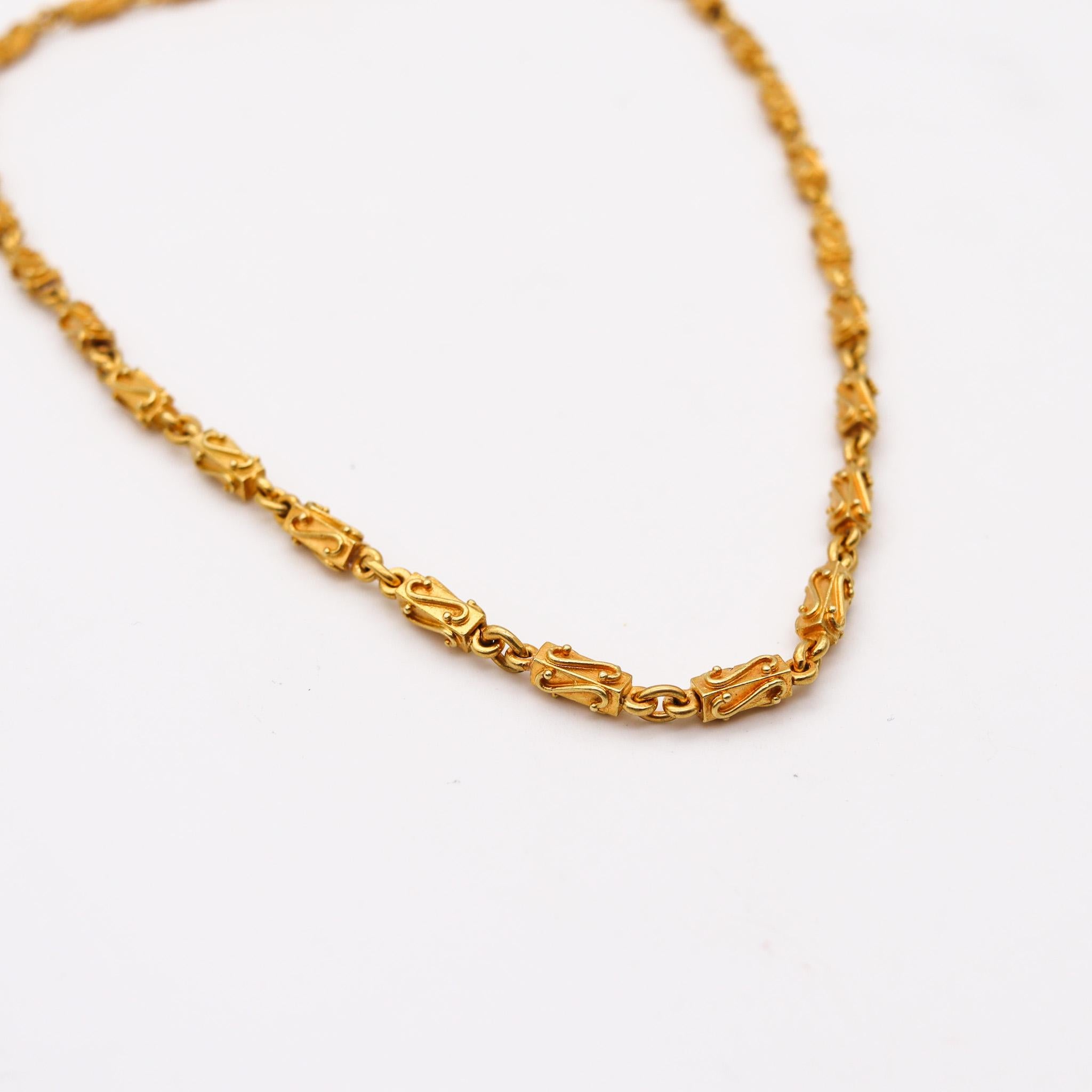An Etruscan revival Italian chain.

Beautiful intricate chain necklace, created in Italy with Etruscan revival patterns. Crafted in solid yellow gold of 18 karats with brushed finish. Composed by 28 elaborated rectangular links decorated with with