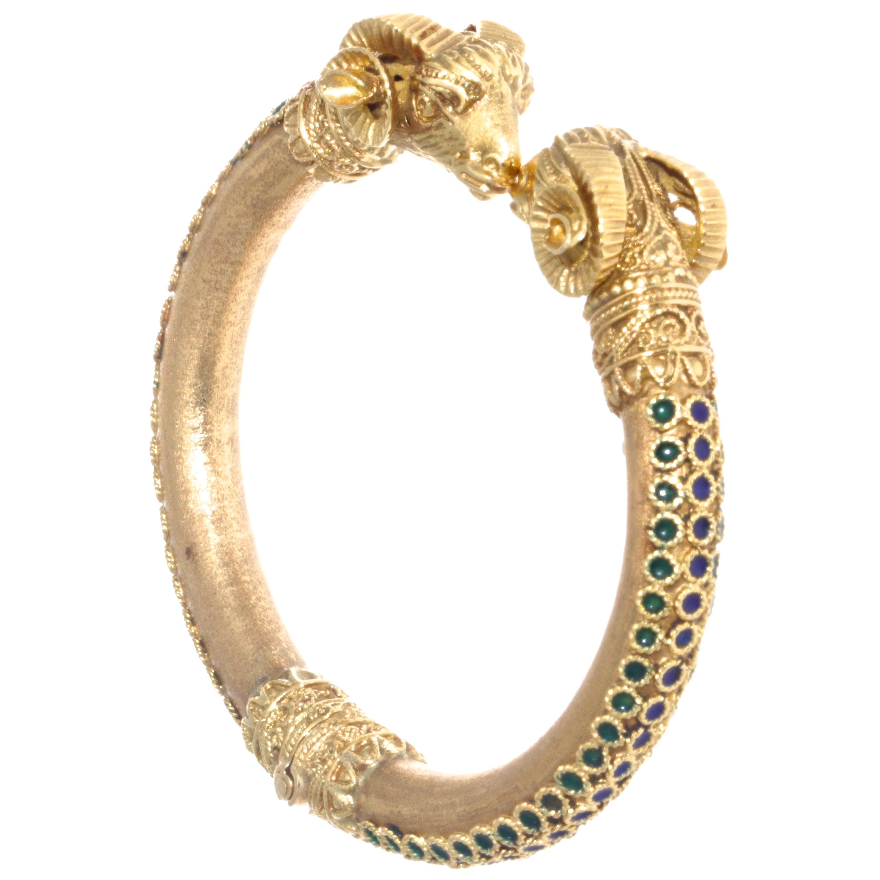 Etruscan Revival Vintage Ram 18 Karat Gold Enamel Bracelet