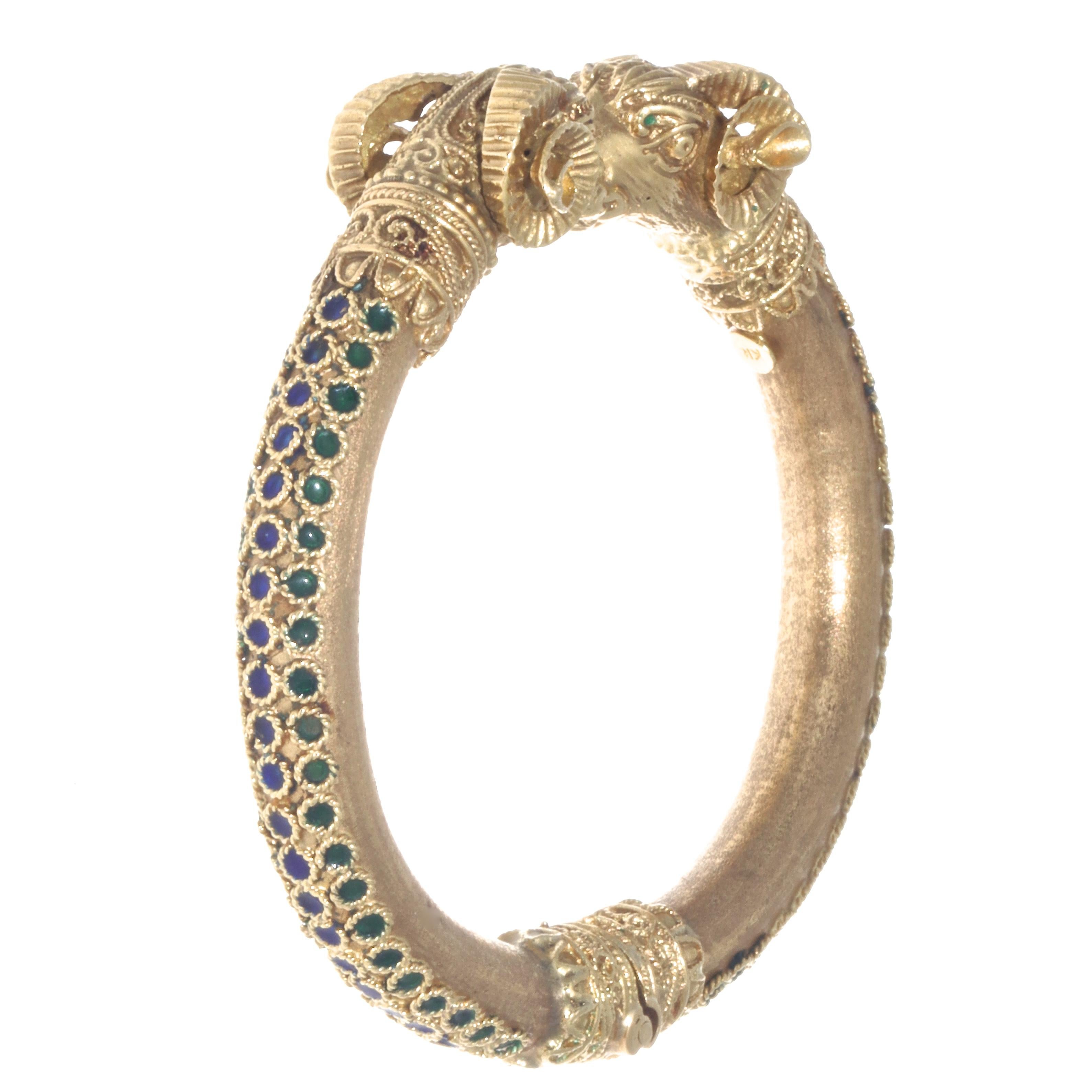 Etruscan Revival Vintage Ram 18 Karat Gold Enamel Bracelet In Good Condition In Beverly Hills, CA