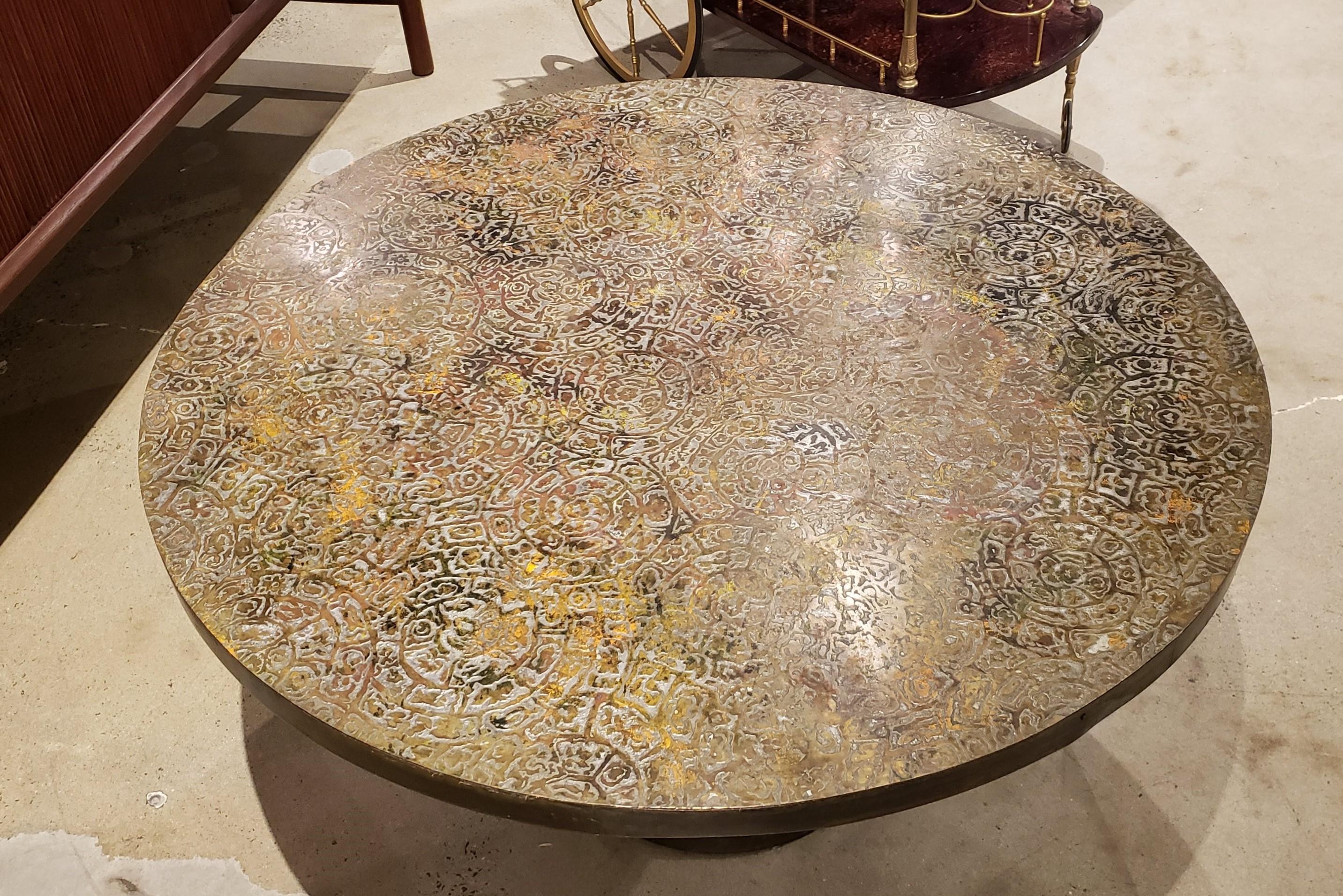 American Etruscan Round Coffee Table in Bronze & Pewter by Philip & Kelvin Laverne, 1960s