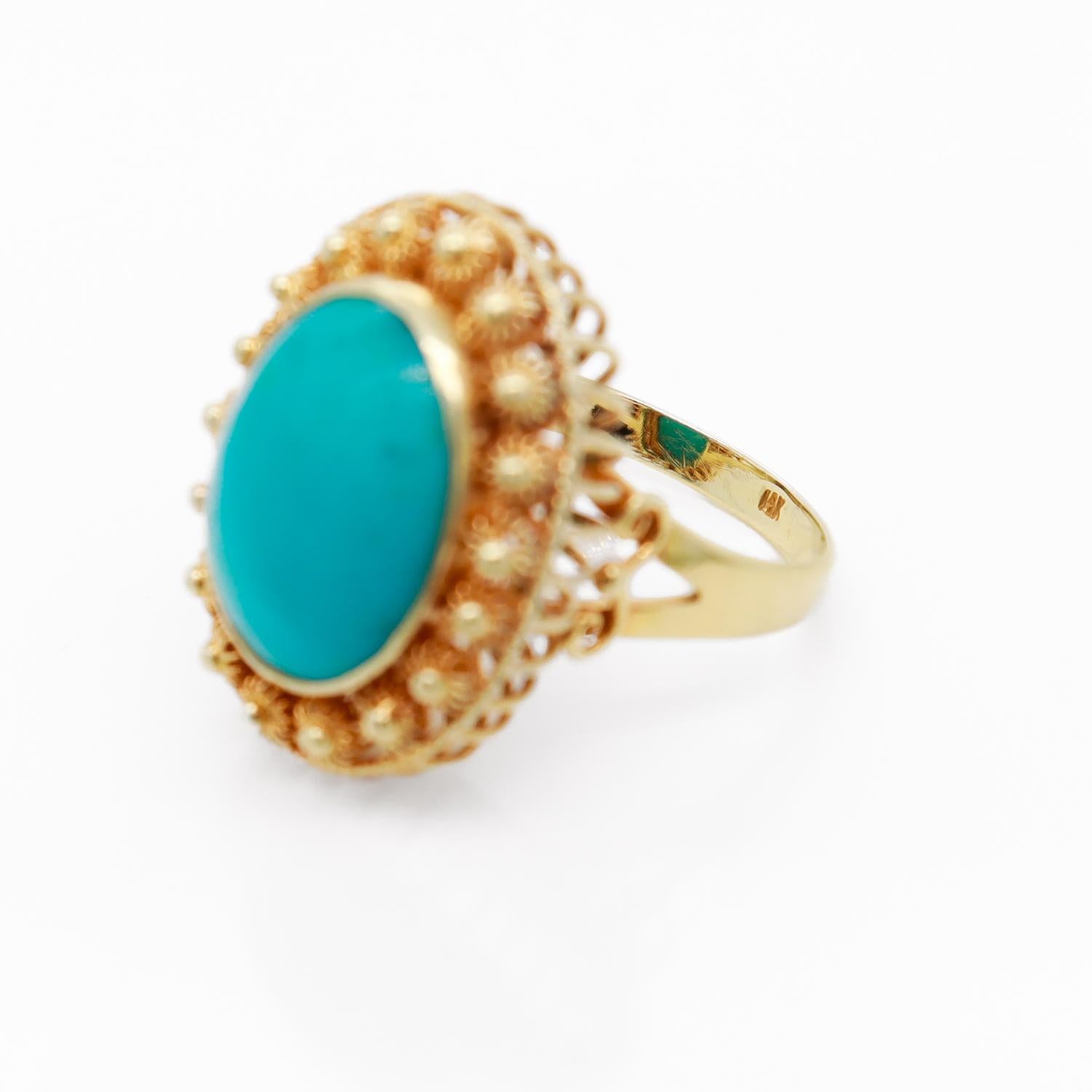 Anello cocktail in stile etrusco in oro giallo 14K e turchese cabochon 2