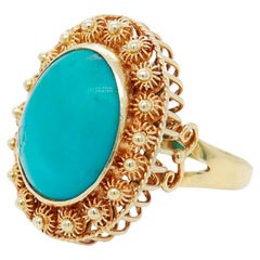 Anello cocktail in stile etrusco in oro giallo 14K e turchese cabochon