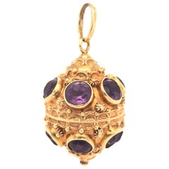 Etruscan Style 18 Karat Yellow Gold Jumbo Charm Pendant Amethyst Gemstones