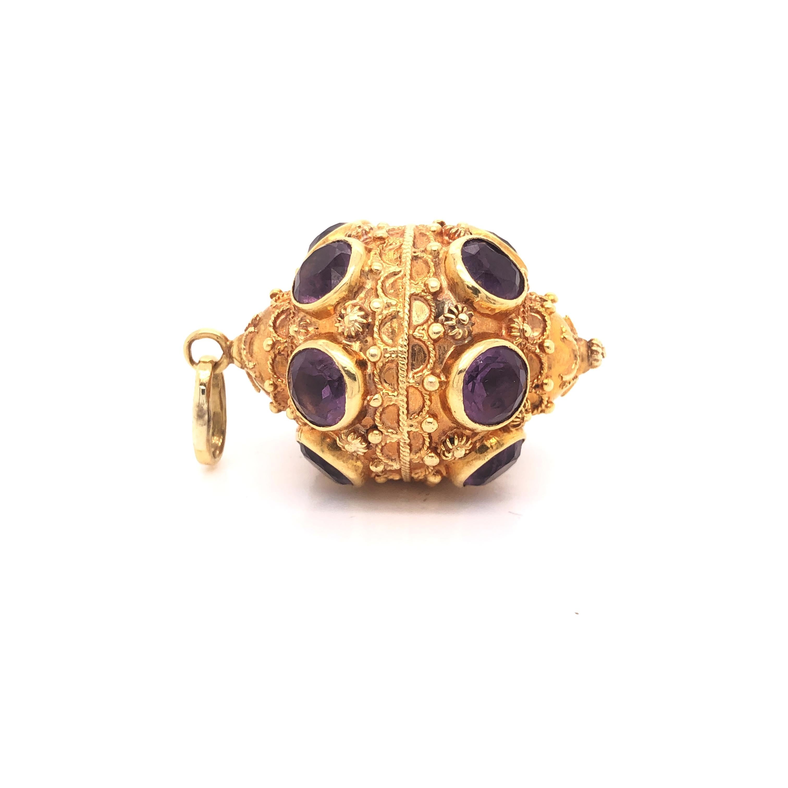 Etruscan Revival Etruscan Style 18 Karat Yellow Gold Jumbo Charm Pendant Amethyst Gemstones