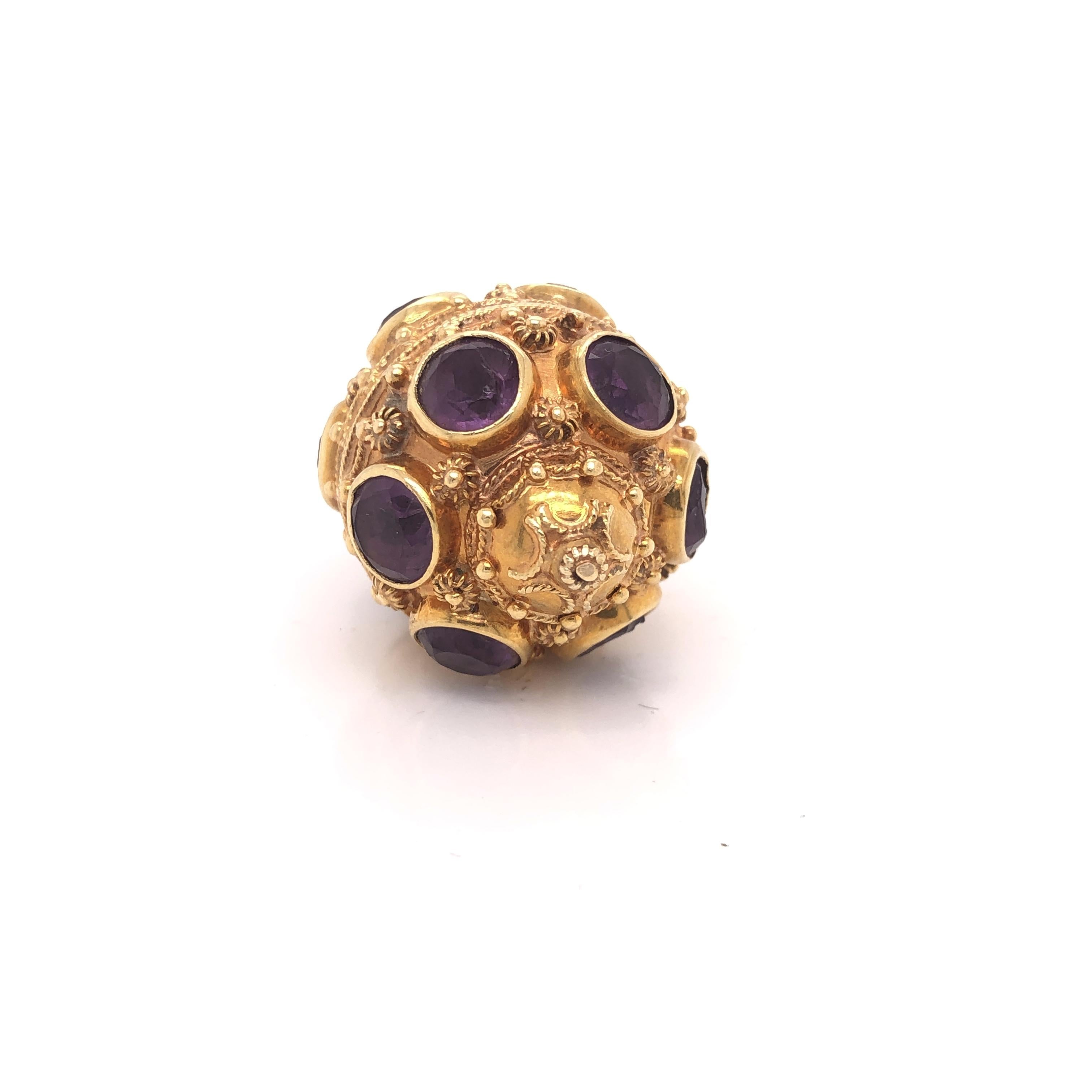 Round Cut Etruscan Style 18 Karat Yellow Gold Jumbo Charm Pendant Amethyst Gemstones
