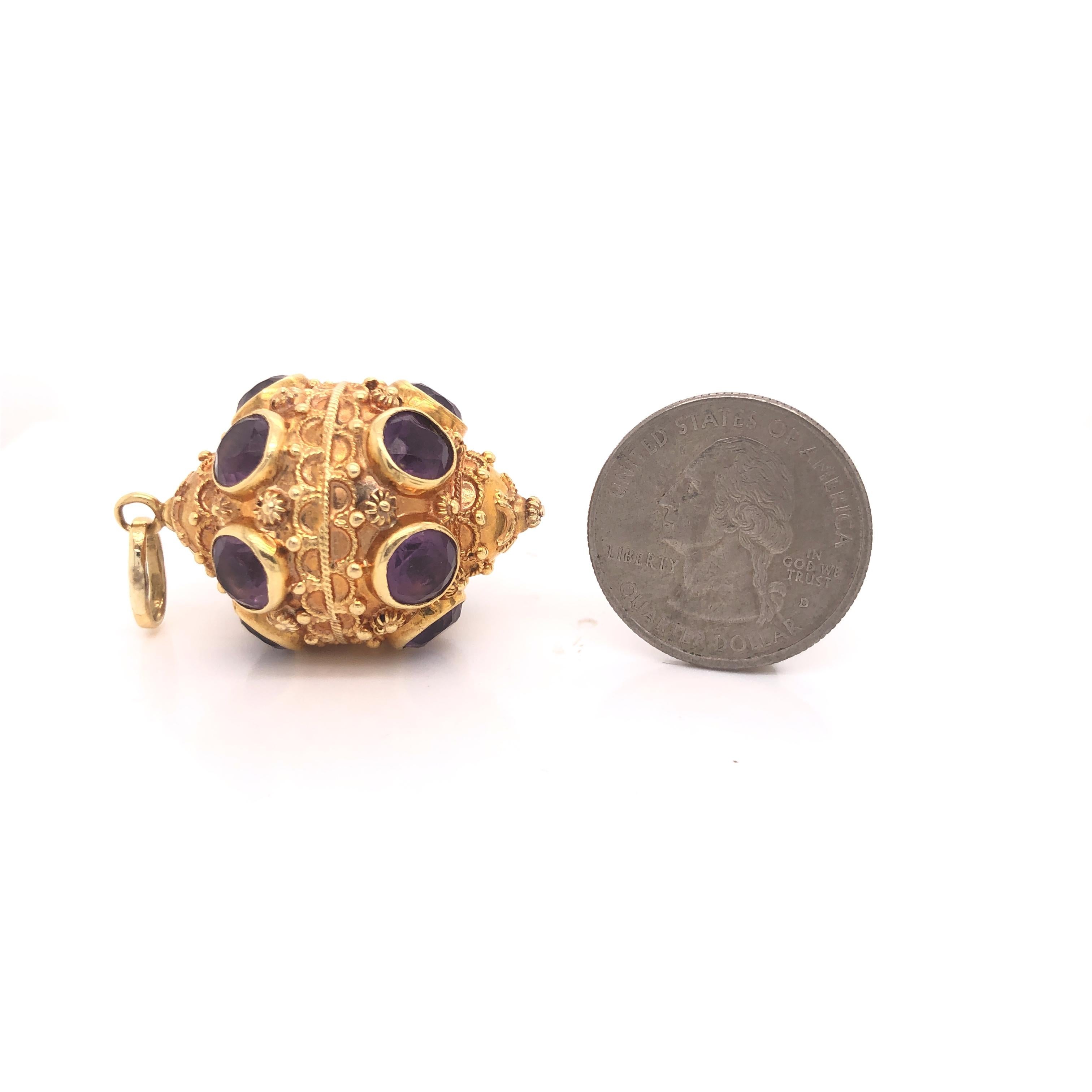 Etruscan Style 18 Karat Yellow Gold Jumbo Charm Pendant Amethyst Gemstones In Excellent Condition In MIAMI, FL