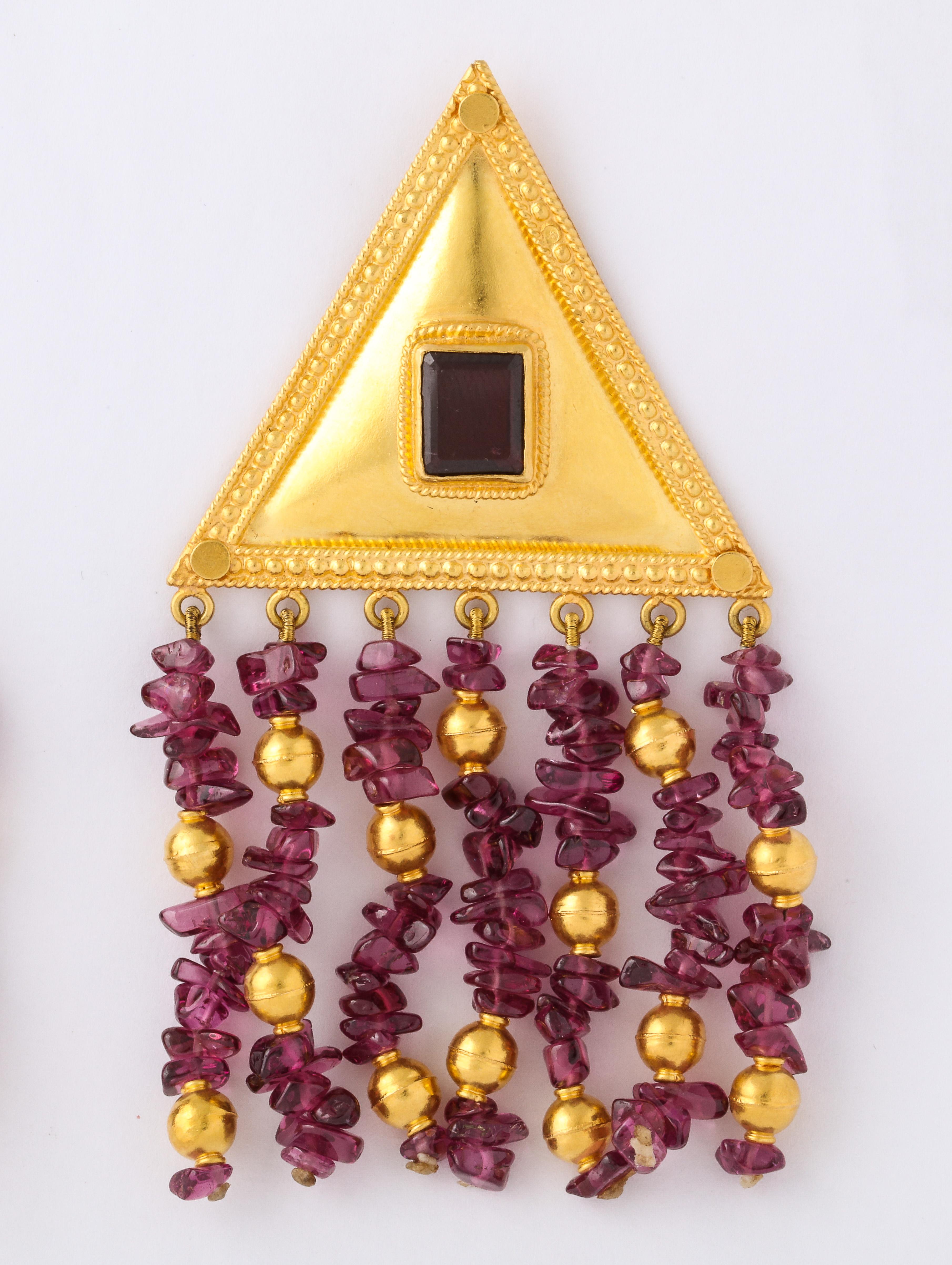 Etruscan style Amethyst and Gold Earrings. 18k Yellow Gold, 59 grams. Hand made,  unmarked but tested.  Two emerald cut amethysts, approximately 8.0 cts tw/various tumbled  amethyst nuggets, approximately 14.0 cts tw.   3