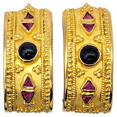 Etruscan Style Blue Sapphire and Ruby J-Hoop Earrings in 22 Karat Yellow Gold
