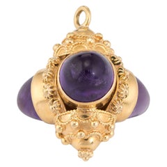 Etruscan Style Charm Pendant Vintage 18 Karat Gold Amethyst 3 Sided Jewelry