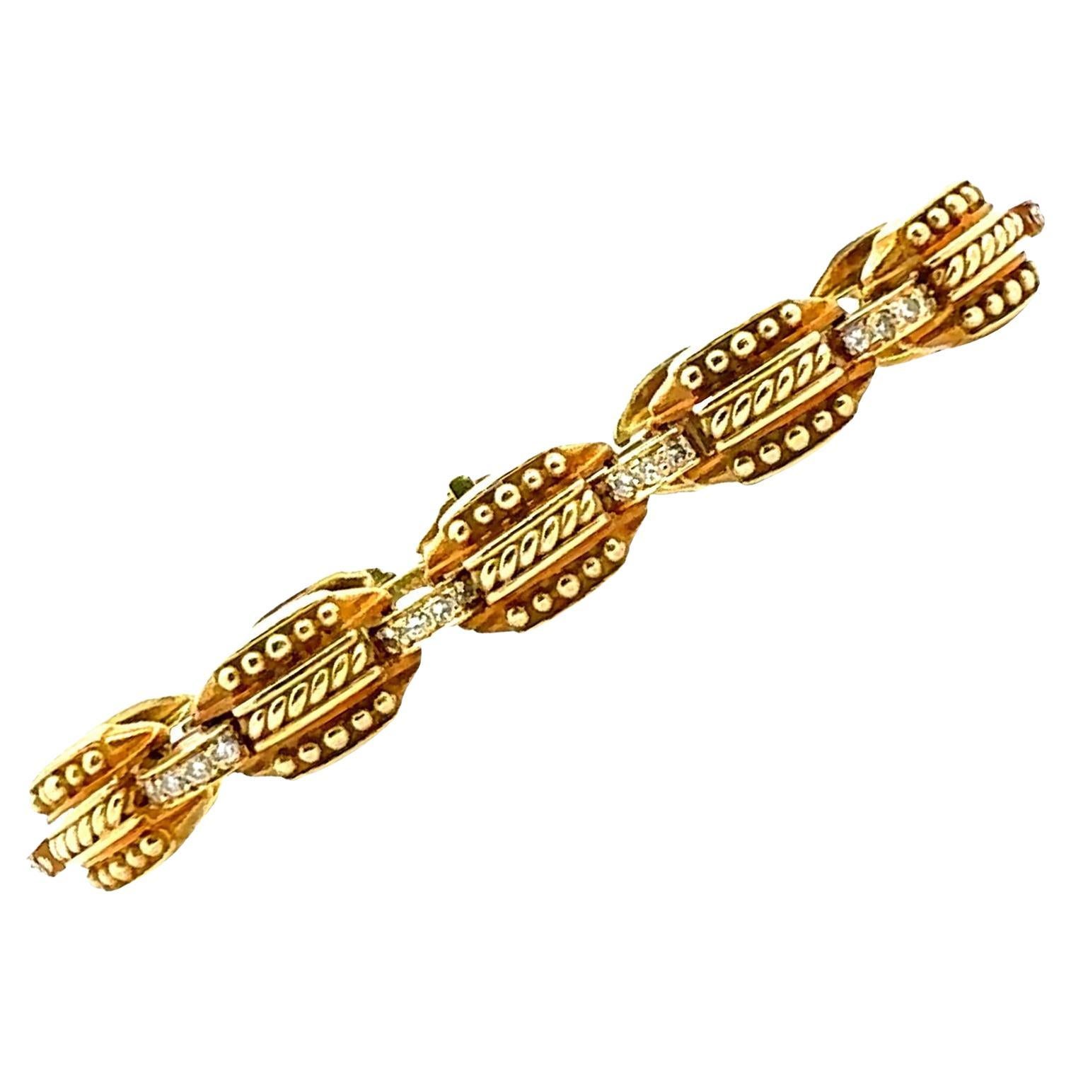 Etruscan Style Diamond 18 Karat Yellow Gold Vintage Link Bracelet For Sale