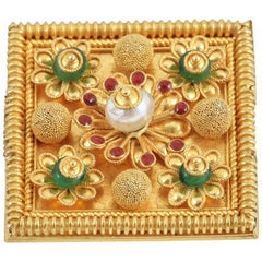 Etruscan Style Enamel Pearl Emerald Gold Brooch