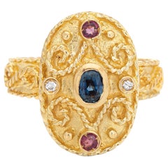 Etruscan Style Gemstone Ring Vintage 18 Karat Gold Oval Sapphire Diamond Ruby