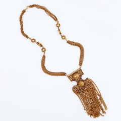 Etruscan Style Gold Chain Fringe Statement Necklace By Goldette, 1970s