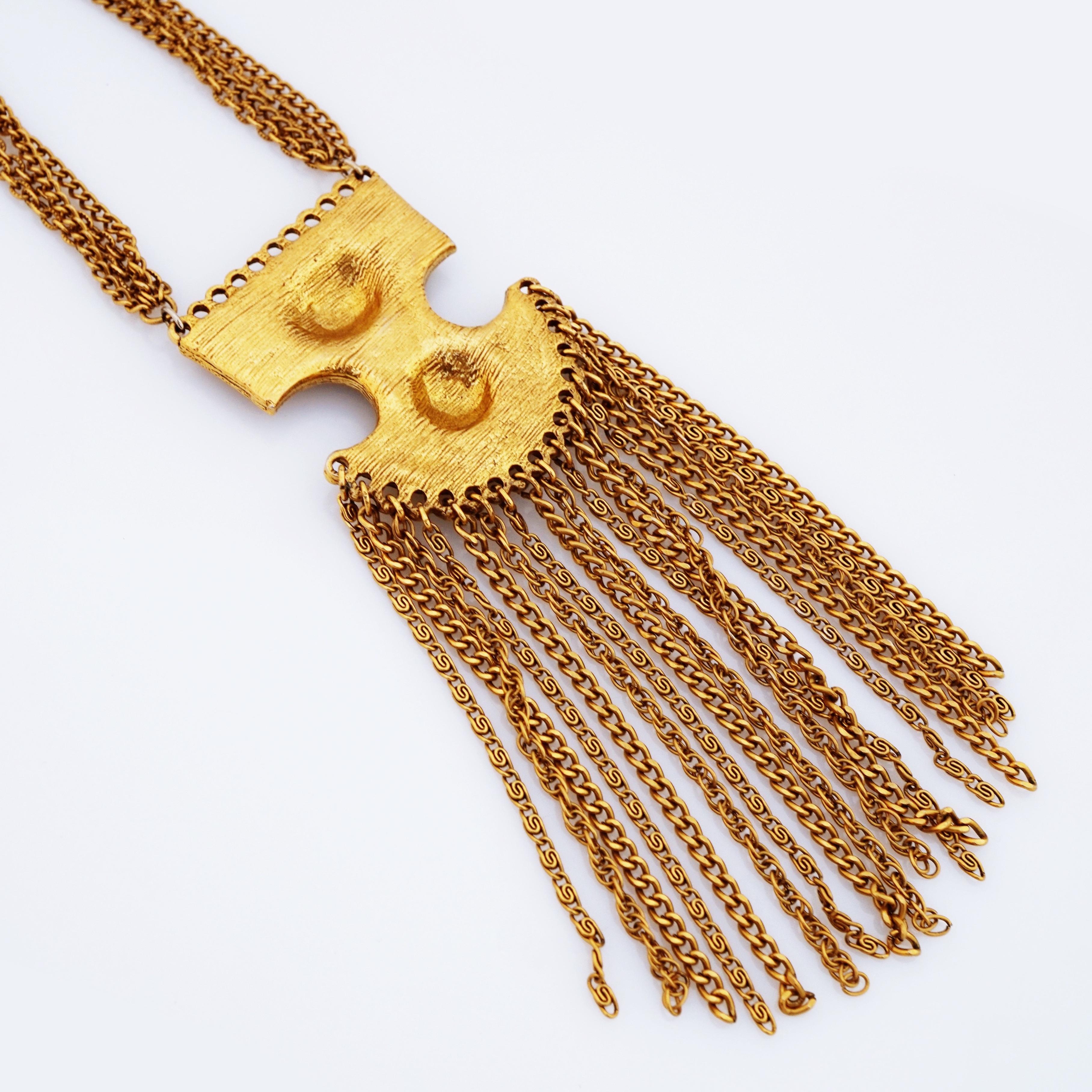 Etruscan Style Gold Chain Fringe Statement Necklace By Goldette, 1970s In Good Condition For Sale In McKinney, TX