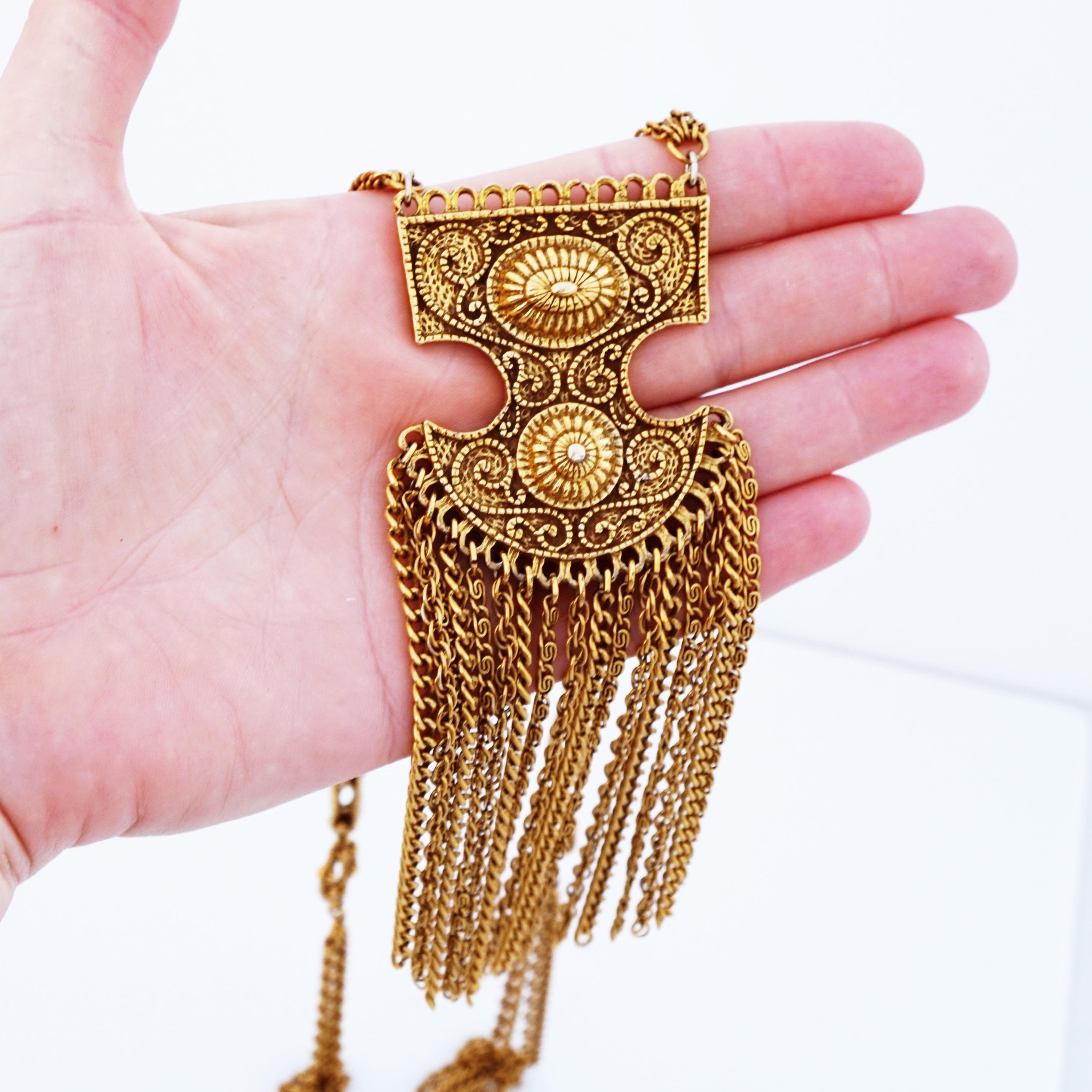 Women's Etruscan Style Gold Chain Fringe Statement Necklace By Goldette, 1970s For Sale