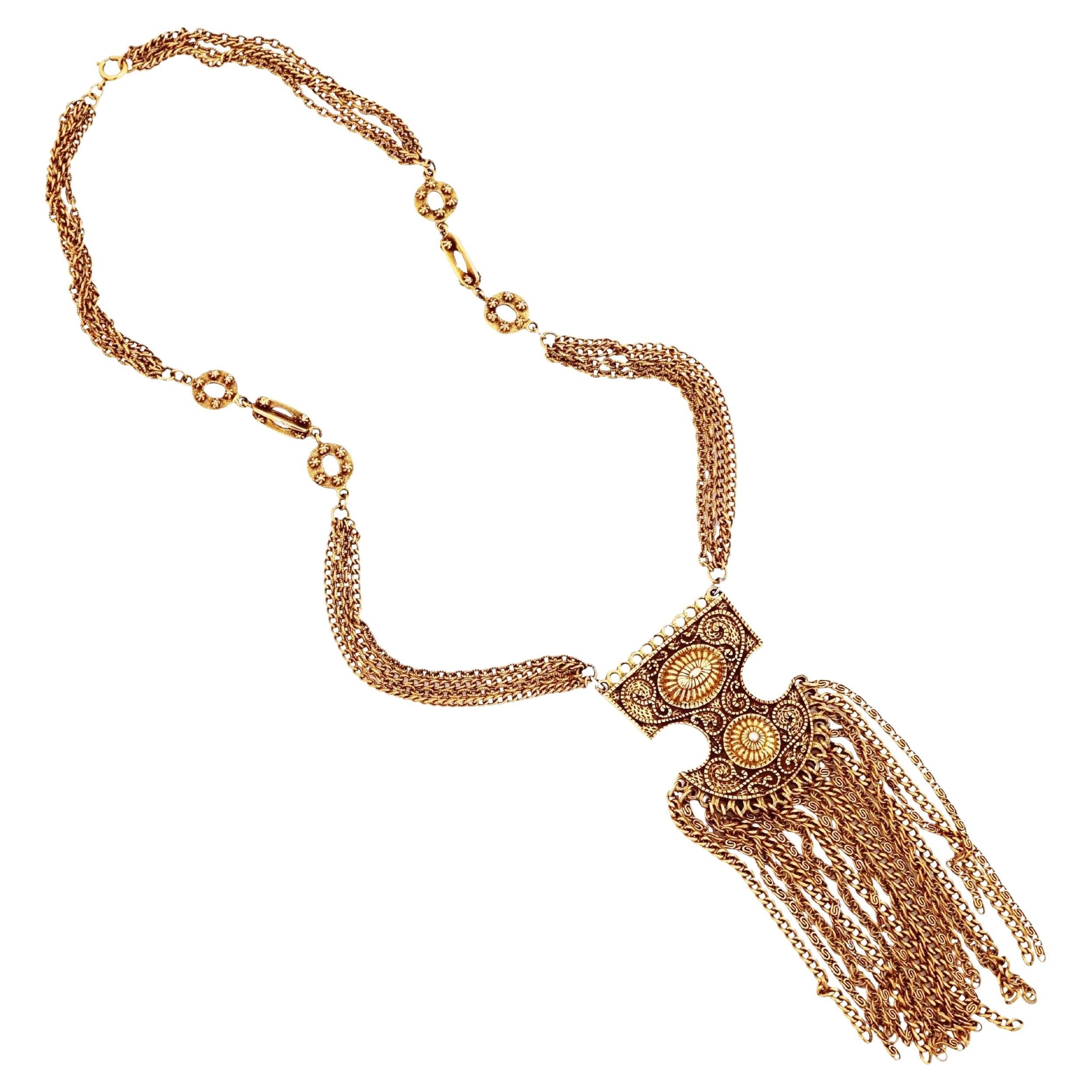 Etruscan Style Gold Chain Fringe Statement Necklace By Goldette, 1970s For Sale