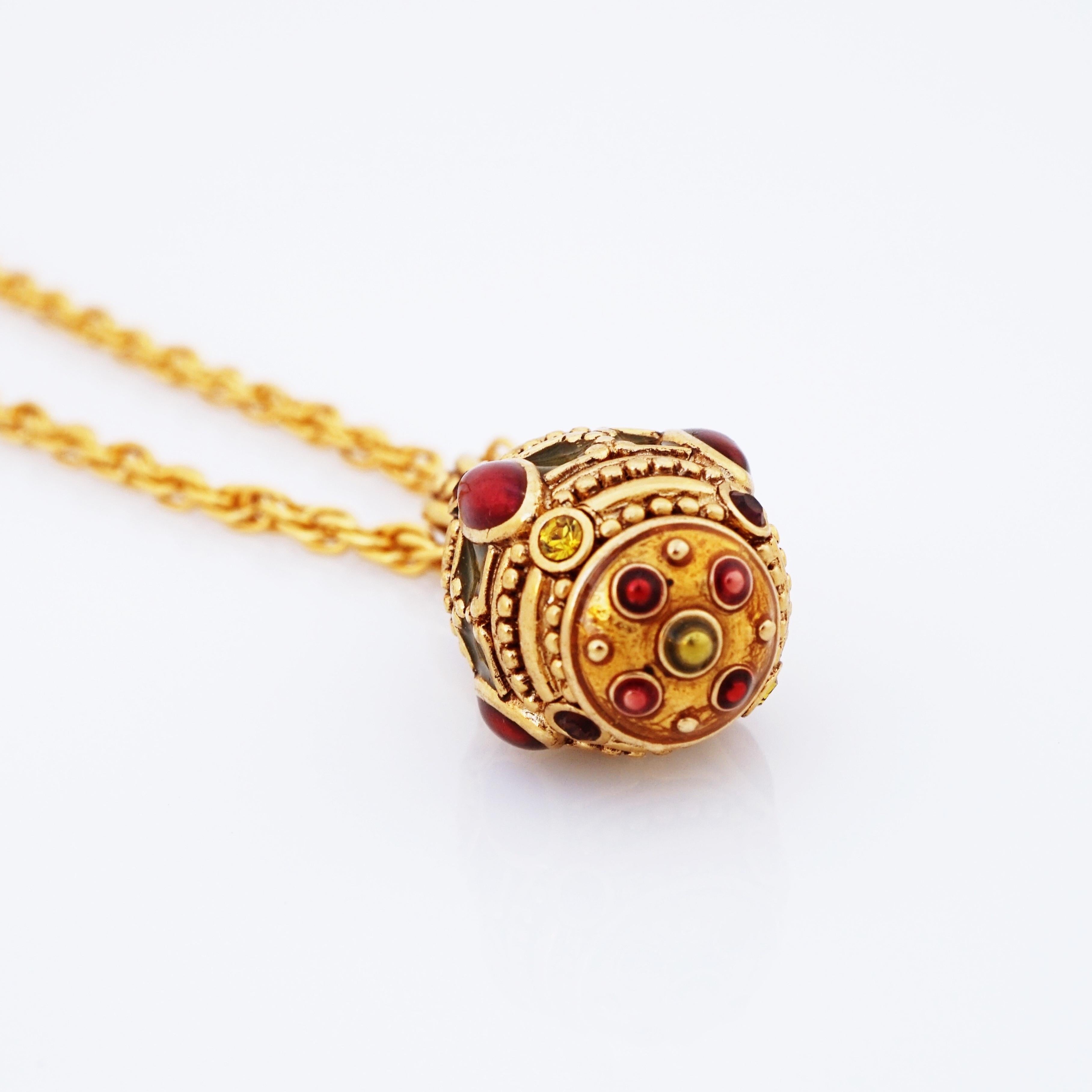 Modern Etruscan Style Gold & Enamel Faberge Egg Pendant Necklace By Joan Rivers, 1990s