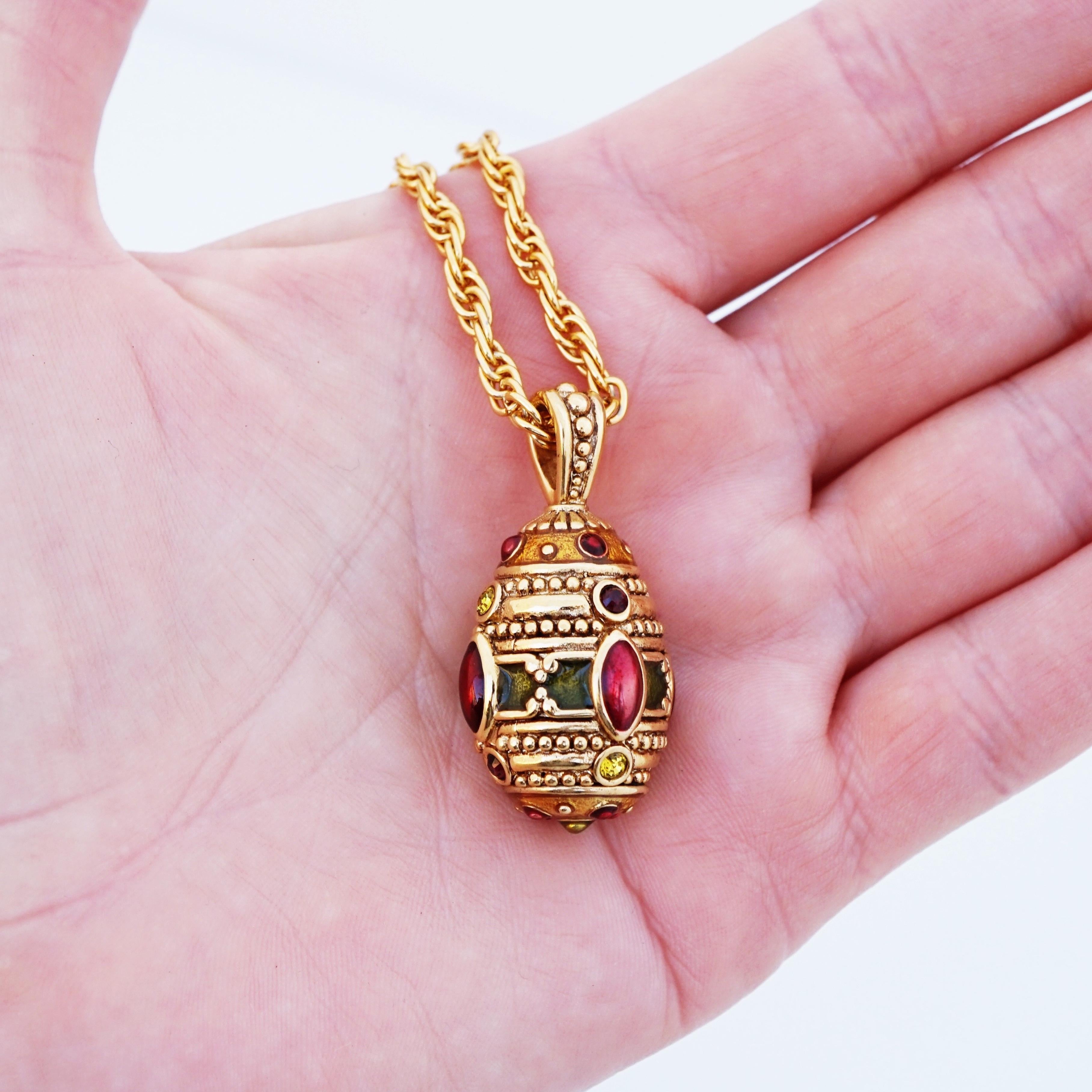 Women's Etruscan Style Gold & Enamel Faberge Egg Pendant Necklace By Joan Rivers, 1990s