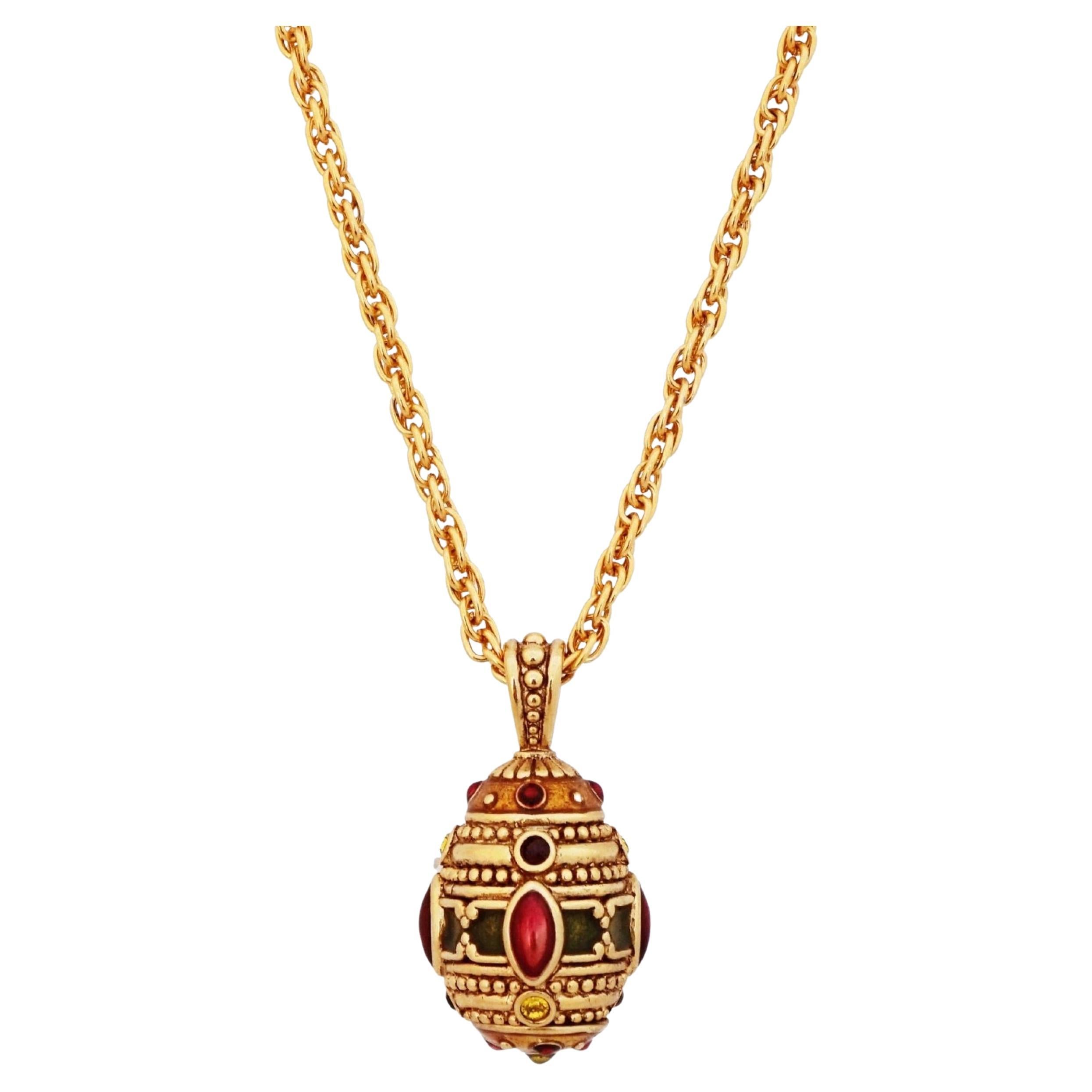 Etruscan Style Gold & Enamel Faberge Egg Pendant Necklace By Joan Rivers, 1990s