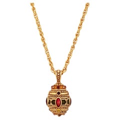 Etruscan Style Gold & Enamel Faberge Egg Pendant Necklace By Joan Rivers, 1990s