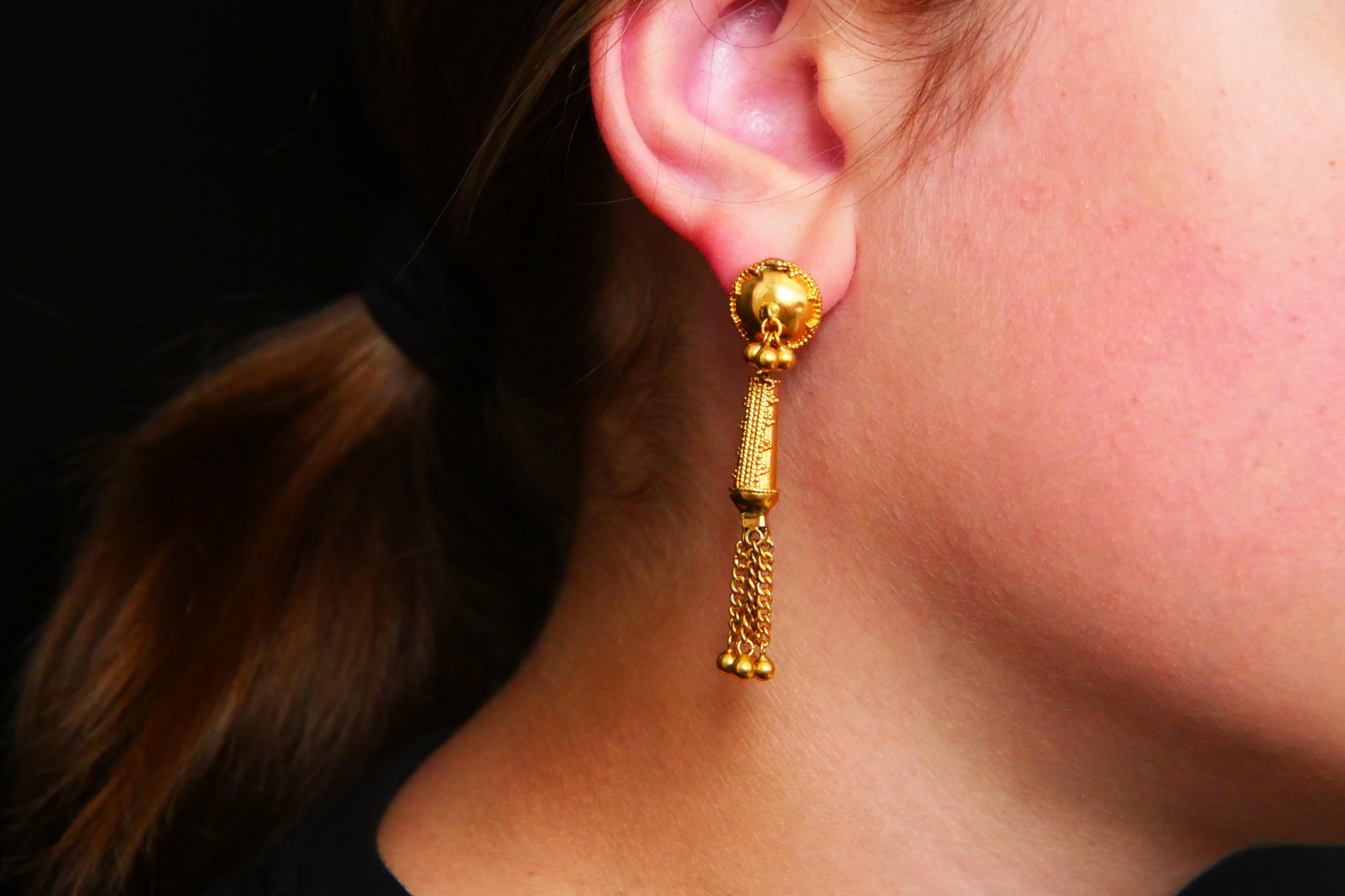 Women's Etruscan style Granulated Dangle Earrings solid Yellow 20K Gold / 8.75gr For Sale