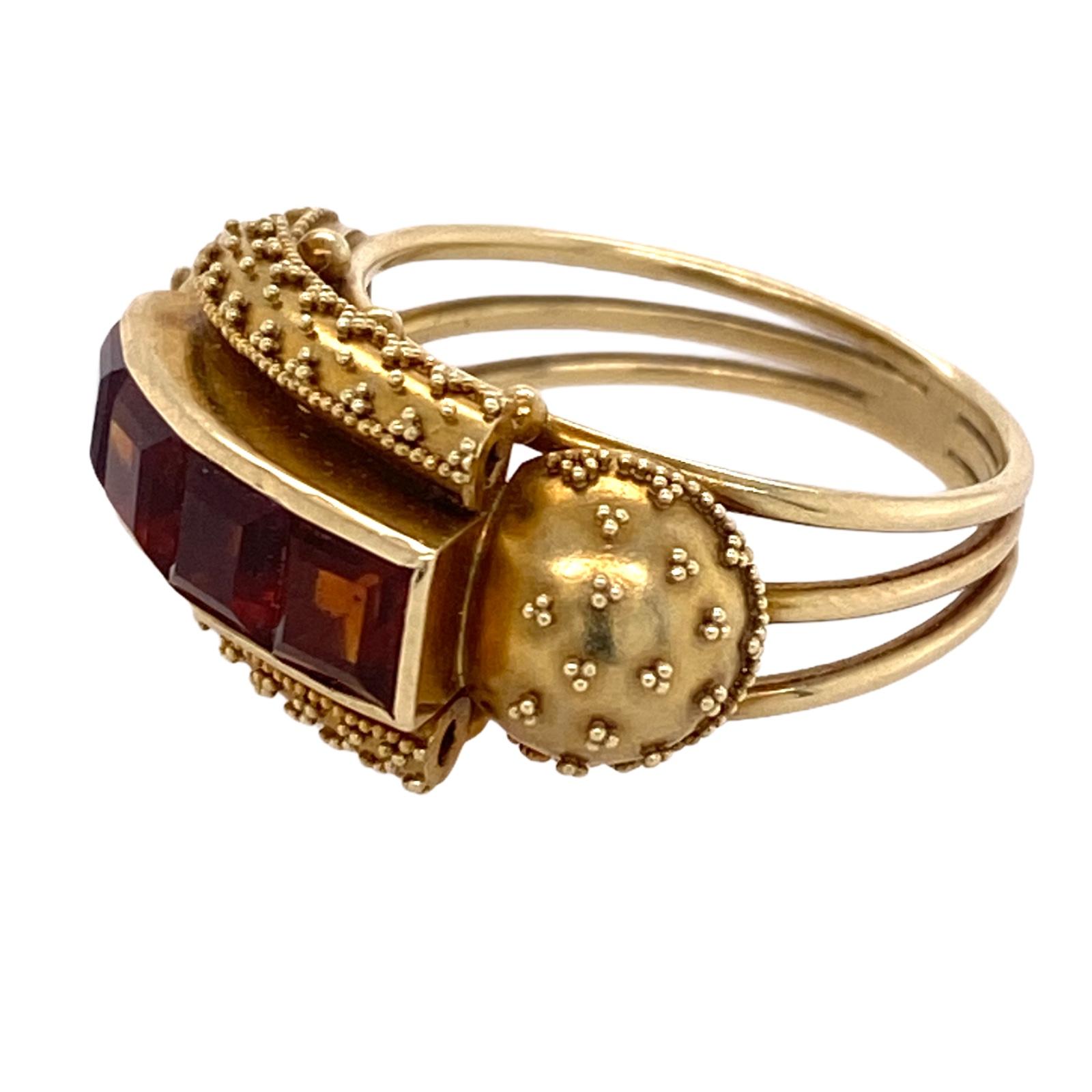 Square Cut Etruscan Style Honey Citrine Satin Finish Yellow Gold Vintage Ring Signed Birks