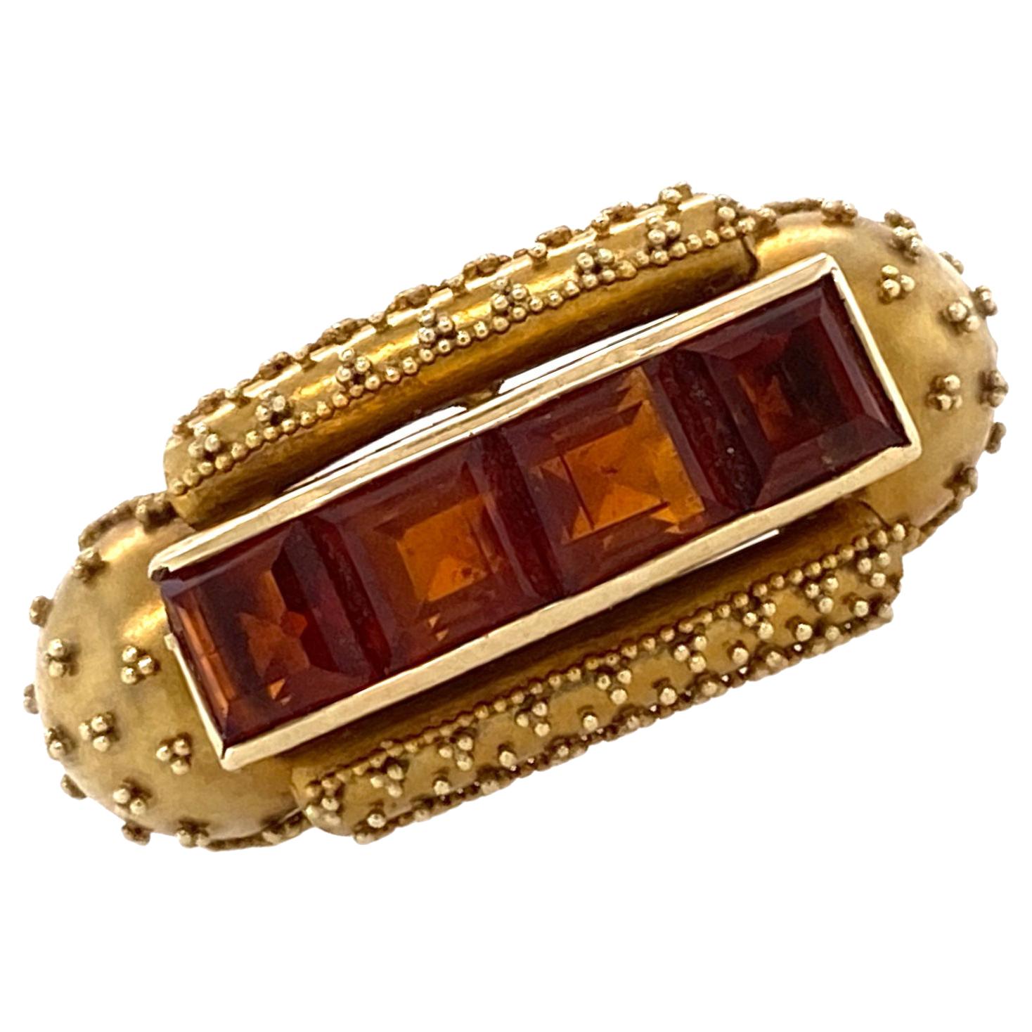 Etruscan Style Honey Citrine Satin Finish Yellow Gold Vintage Ring Signed Birks